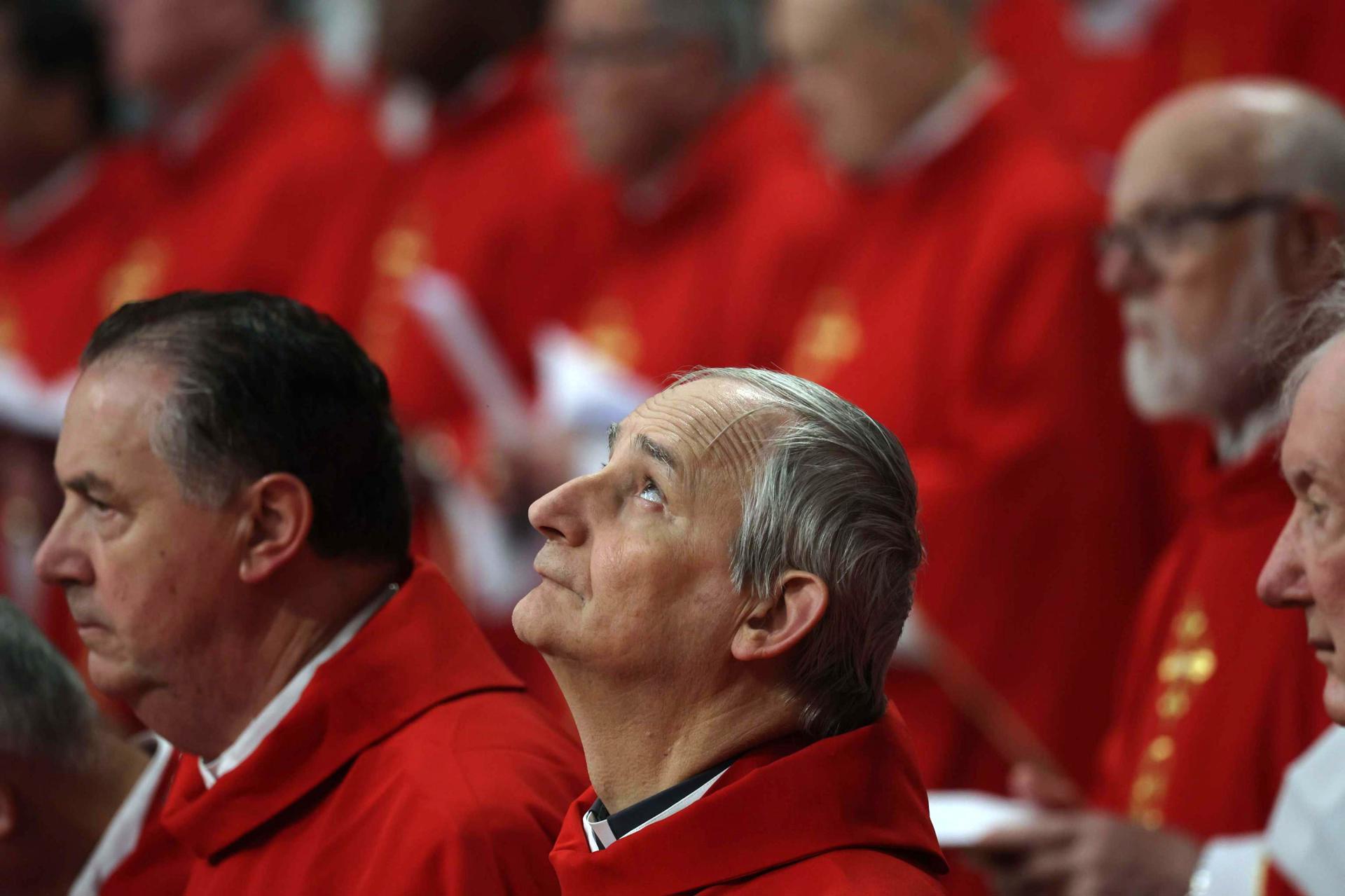 Los cardenales asisten a una misa presidida por el Cardenal Vicario de la diócesis de Roma, Baldassare Reina, en memoria del fallecido Papa Francisco, en la Basílica de San Pedro, Ciudad del Vaticano, 28 de abril de 2025. El Papa Francisco falleció el lunes de Pascua, 21 de abril de 2025, a la edad de 88 años, y fue enterrado en la Basílica Papal de Santa María la Mayor en Roma el 26 de abril. (Padre, Cardenal, Roma) EFE/EPA/MASSIMO PERCOSSI