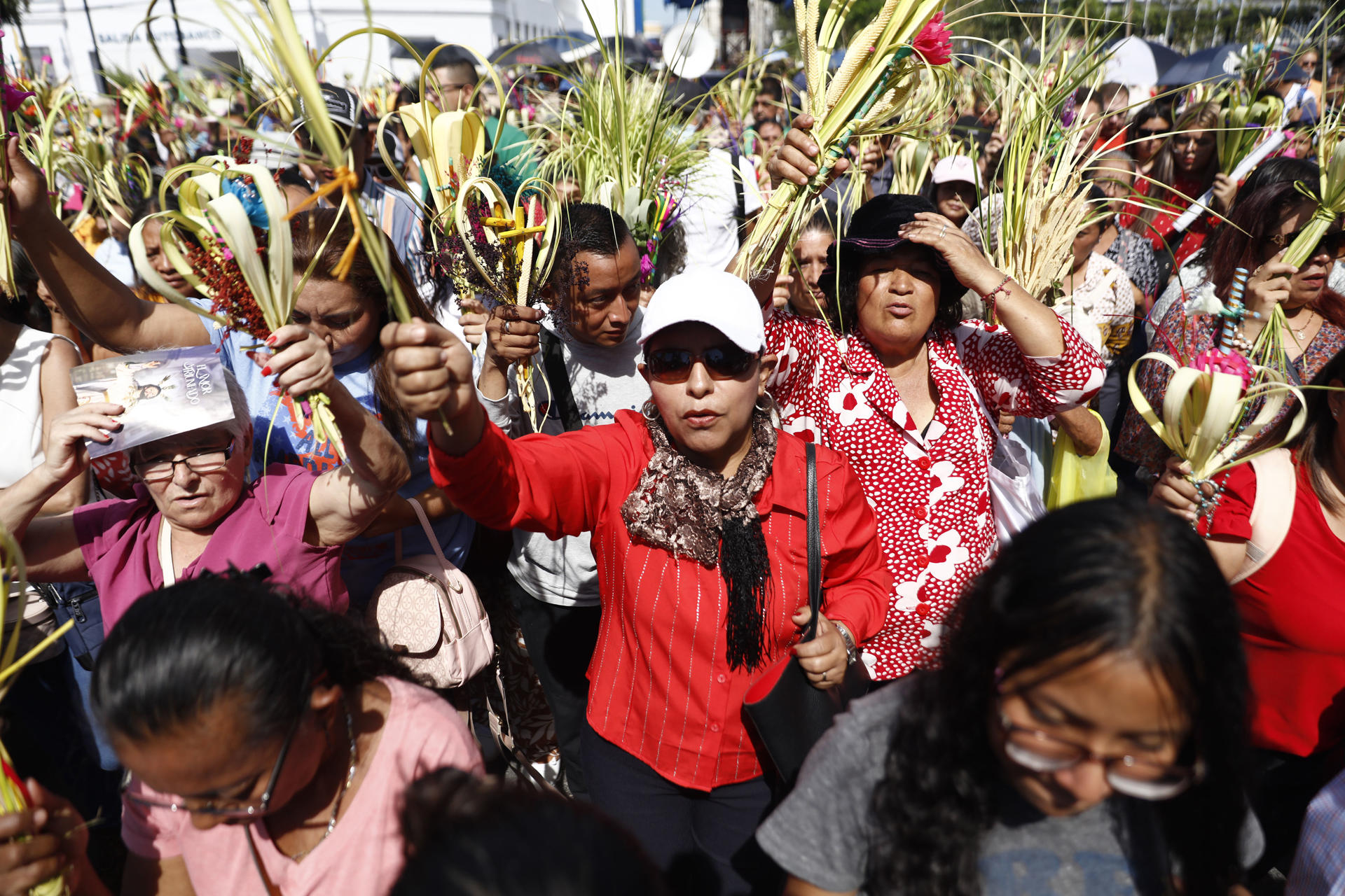 Personas participan en la celebración del Domingo de Ramos, en la Cripta de la Catedral este 14 de abril de 20225, en San Salvador (El Salvador). EFE/ Rodrigo Sura