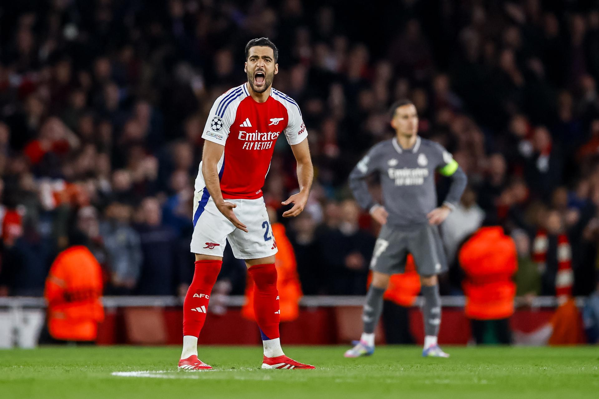 Mikel Merino celebra su gol durante el partido de ida de cuartos de final de la UEFA Champions League entre el Arsenal FC y el Real Madrid en Londres, Reino Unido. EFE/EPA/TOLGA AKMEN EFE/EPA/TOLGA AKMEN