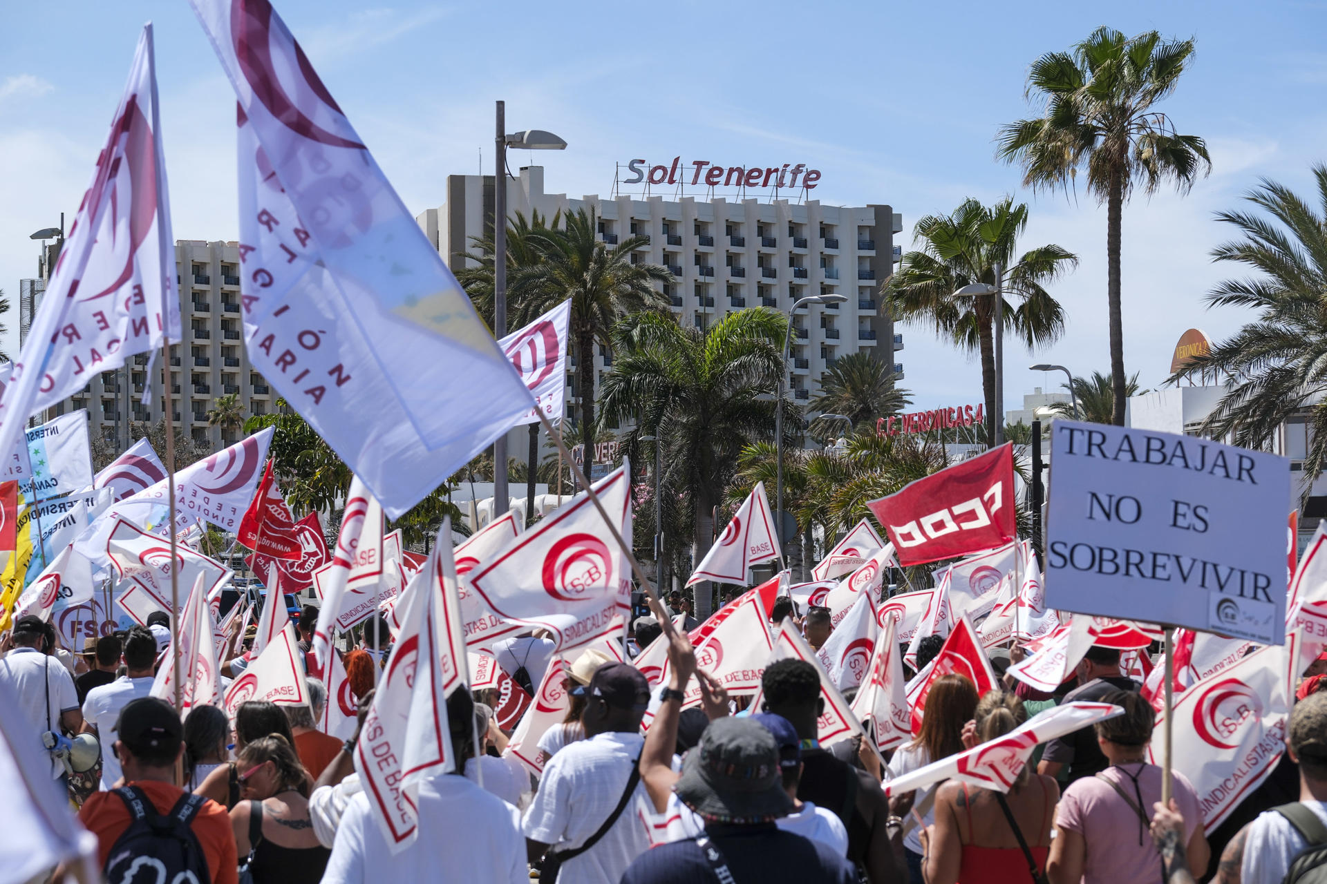 Varios miles de personas, hasta 10.000 según los convocantes, se han manifestado este viernes en la zona turística del sur de Tenerife, dentro de las dos jornadas de huelga en el sector hotelero y hostelero de la isla, entre la sorpresa de los visitantes en unos casos y el apoyo en otros. La manifestación, durante la que los trabajadores han repartido folletos en inglés con sus reivindicaciones, ha venido precedida de concentraciones frente a los hoteles, en el marco de los dos días de huelga que concluyen este viernes. EFE/ Alberto Valdés
