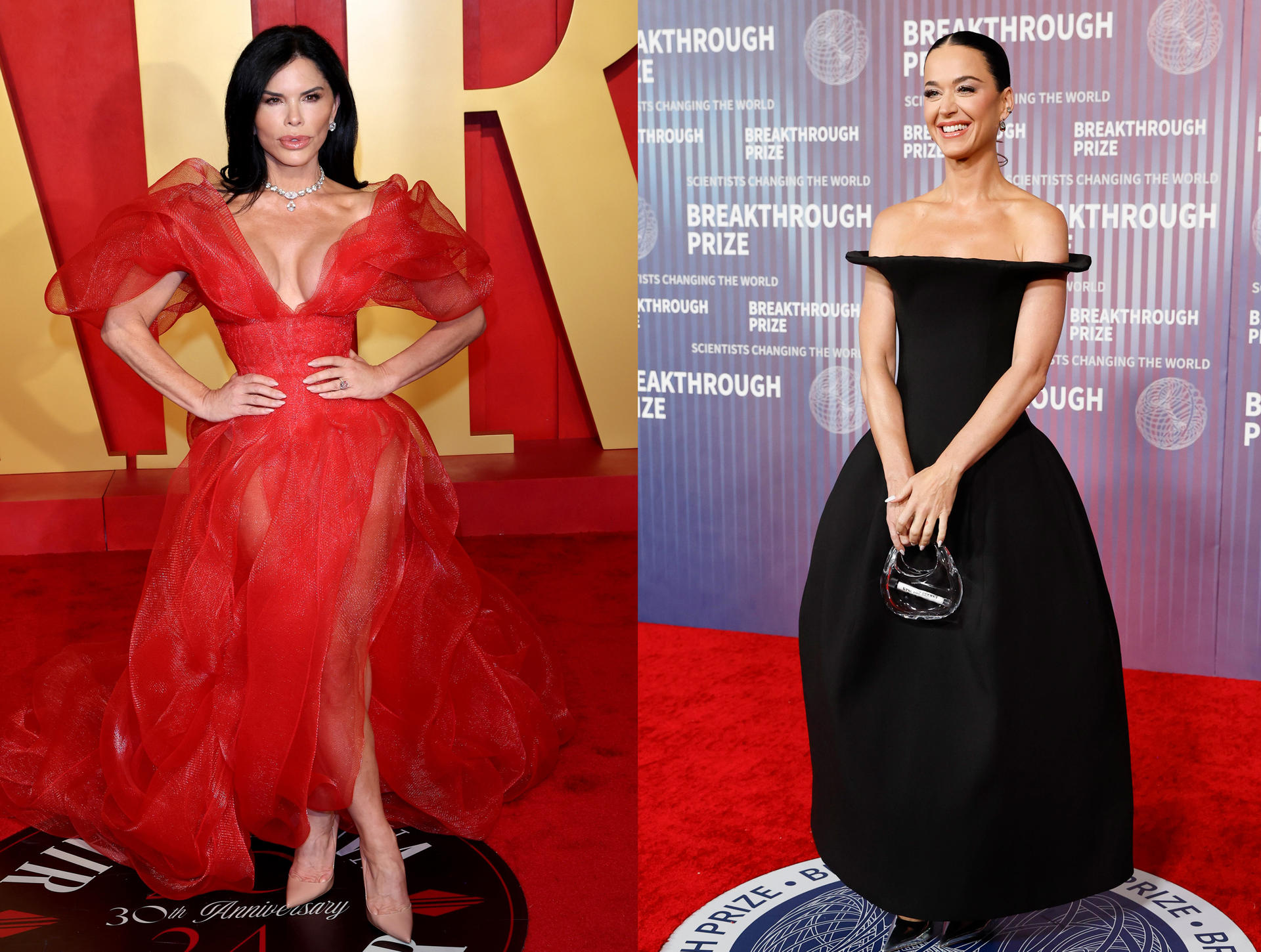 Combo de dos fotografías de archivo de la esposa de Jeff Bezos, Lauren Sánchez (i), y la cantante estadounidense Katy Perry. Sánchez y Perry serán protagonistas de la primera misión turística espacial formada íntegramente por mujeres desde el vuelo en solitario de la rusa Valentina Tereskova en 1963. EFE/ Beverly Hills/ Caroline Brehman ARCHIVO