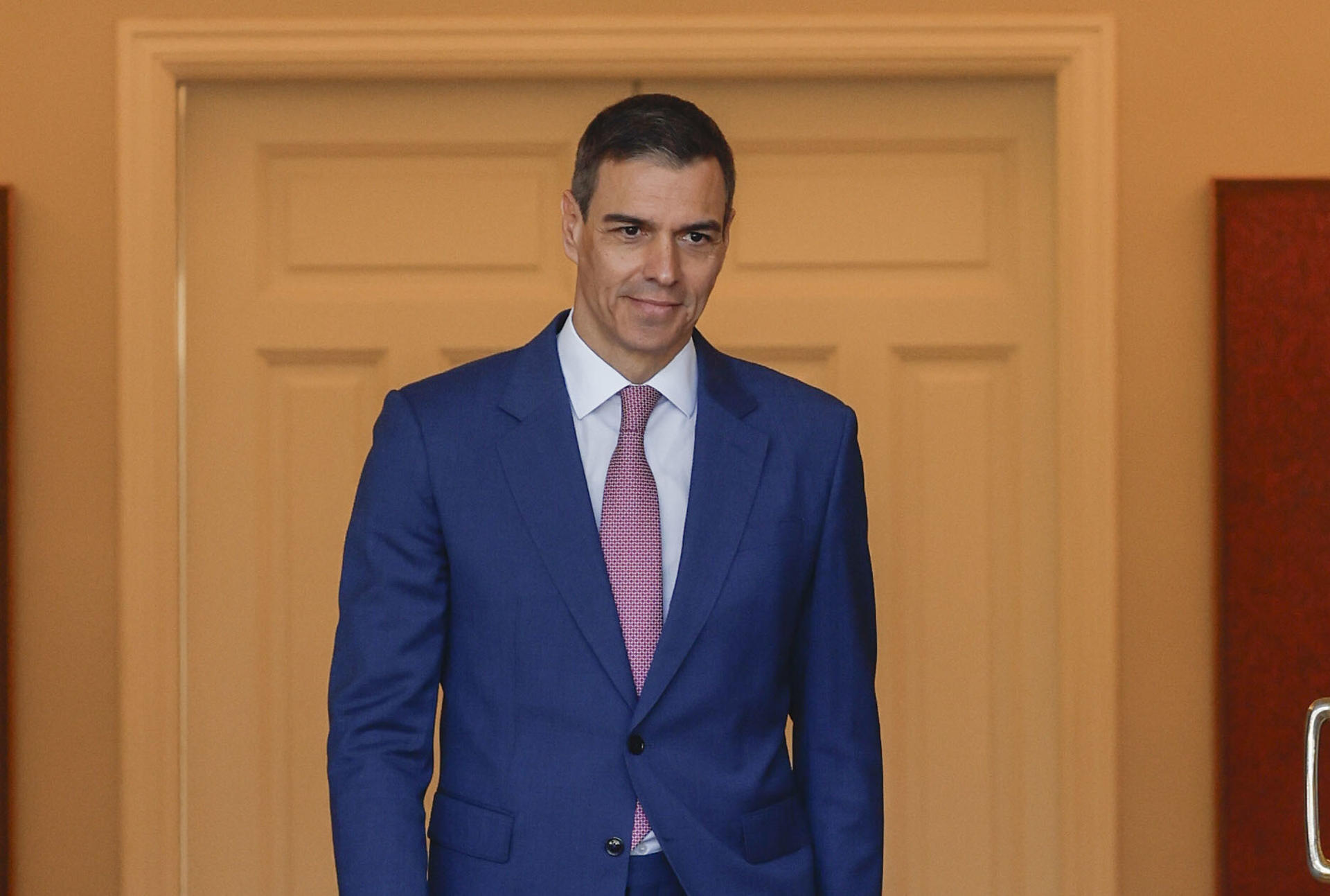 El presidente del Gobierno, Pedro Sánchez (c), durante su encuentro con el presidente de Chipre, Nikos Christodoulides, este lunes en Palacio de la Moncloa en Madrid.-EFE/ JJ Guillén