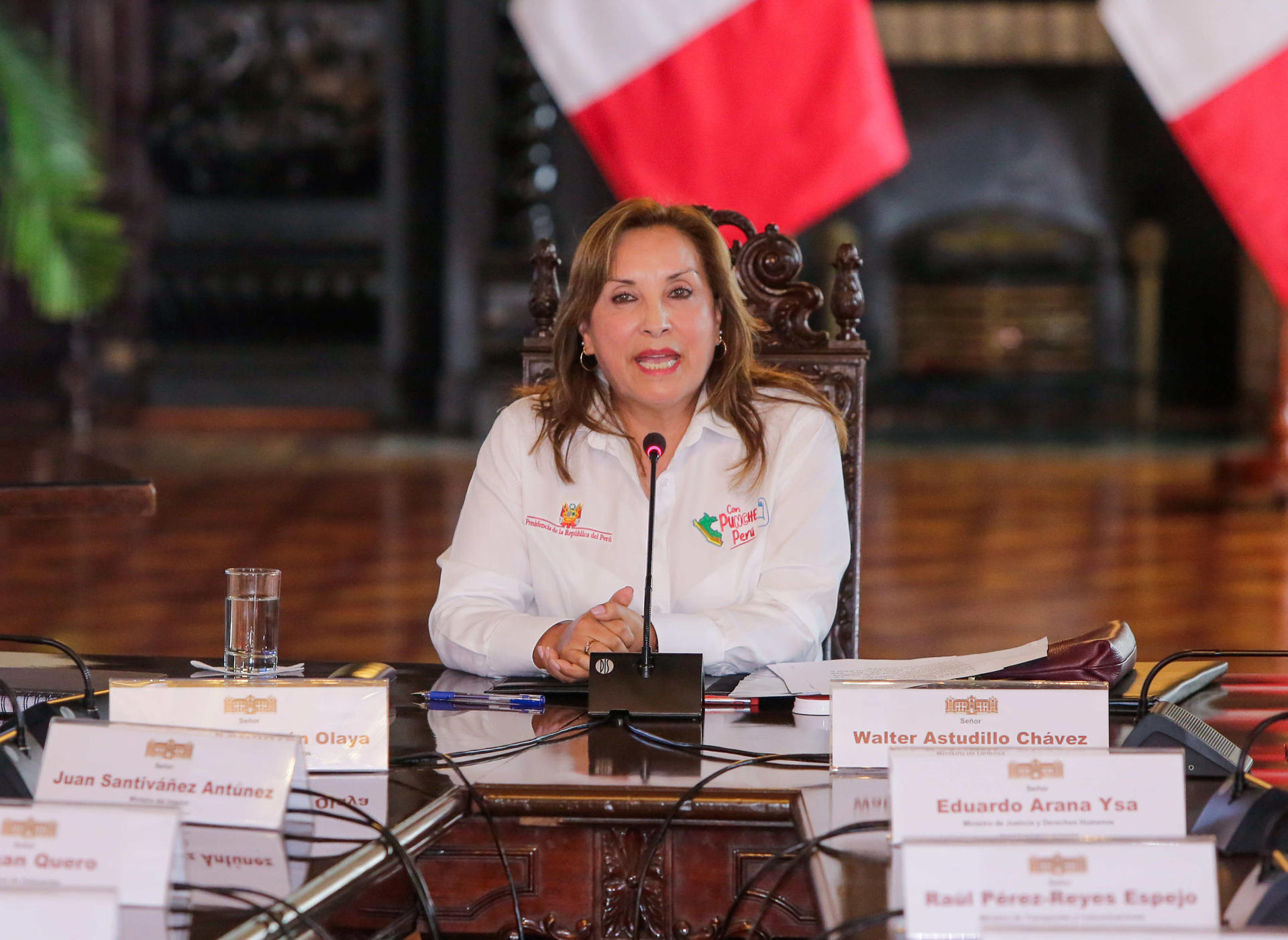 Fotografía de archivo en la que aparece la presidenta de Perú, Dina Boluarte, durante una alocución en el Palacio de Gobierno, en Lima (Perú). EFE/Stringer