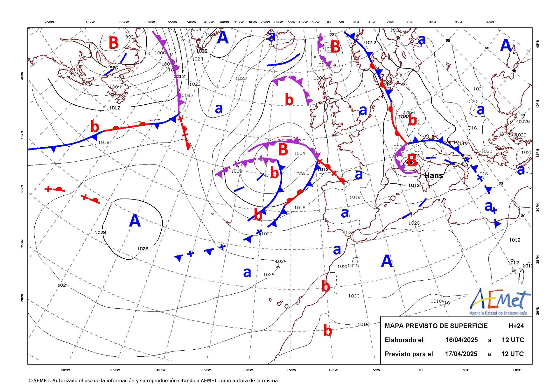 Mapa de isobaras facilitado por la Aemet elaborado el 16/04/2025 y previsto para el 17/04/2025. EFE/AEMET ***SOLO USO EDITORIAL/SOLO DISPONIBLE PARA ILUSTRAR LA NOTICIA QUE ACOMPAÑA (CRÉDITO OBLIGATORIO)***