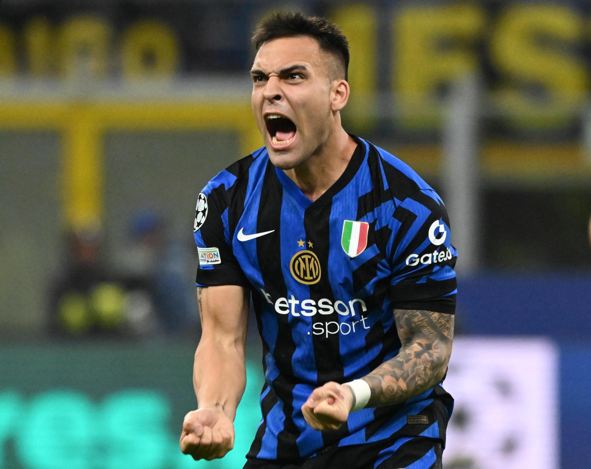 El jugador del Inter Milan Lautaro Martinez celebra el 1-1 durante el partido de vuelta de cuartos de la UEFA Champions Leagueque jugaron Inter y Bayern en Milán, Italia. EFE/EPA/MATTEO BAZZI