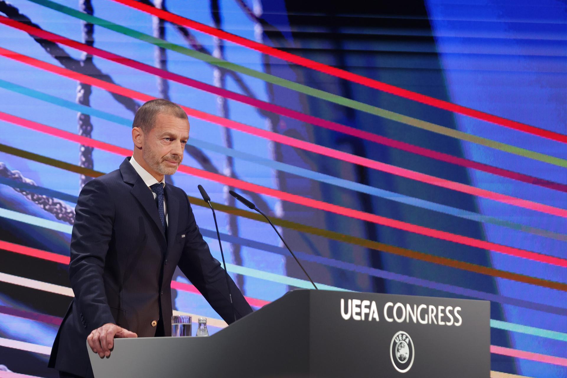 El presidente de la UEFA, Aleksander Ceferin, durante su dicursi este jueves. EFE/EPA/ANDREJ CUKIC