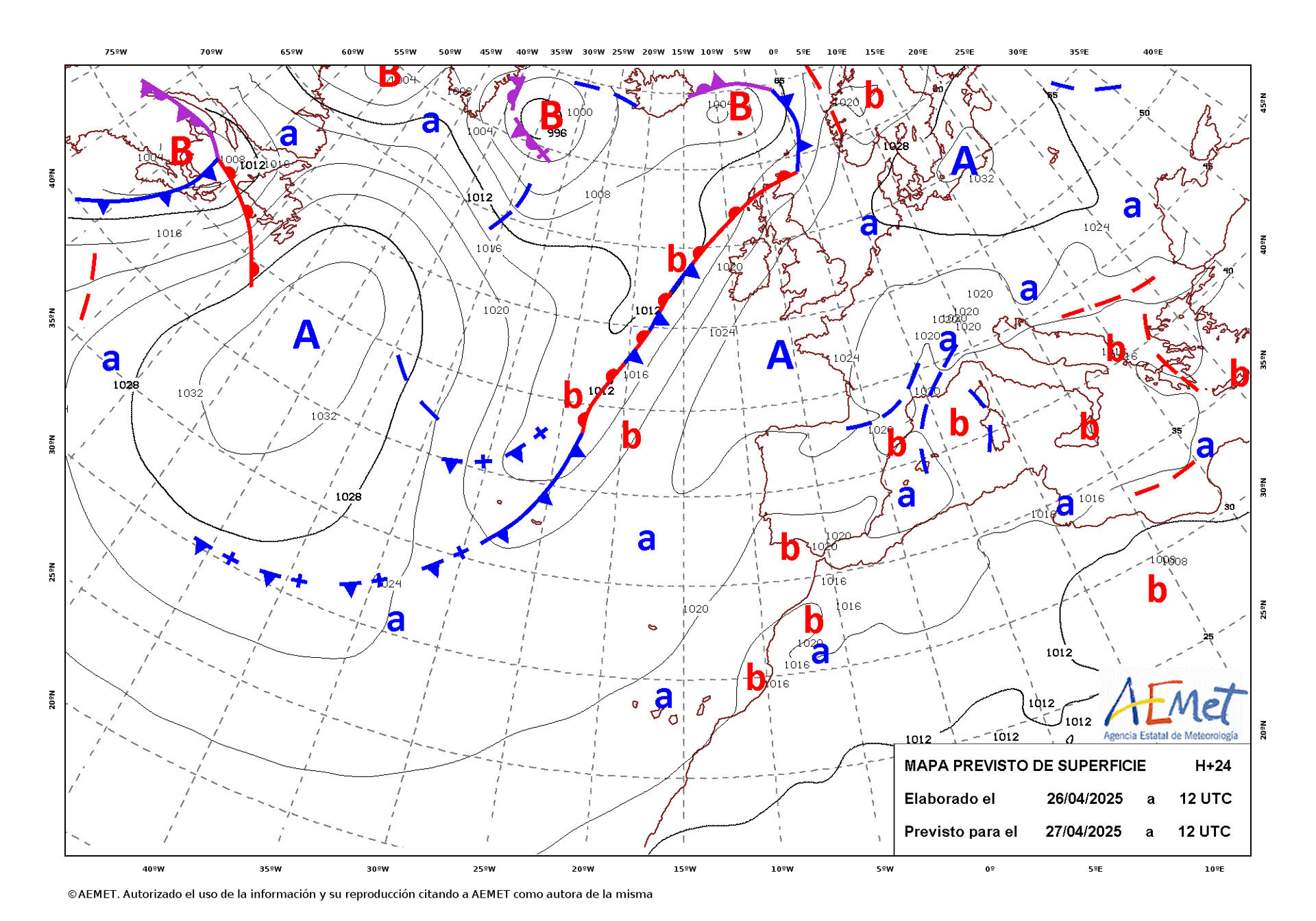 Mapa de isobaras facilitado por la Aemet previsto para el 27/04/2025. EFE/Aemet - ***SOLO USO EDITORIAL/SOLO DISPONIBLE PARA ILUSTRAR LA NOTICIA QUE ACOMPAÑA (CRÉDITO OBLIGATORIO)***
