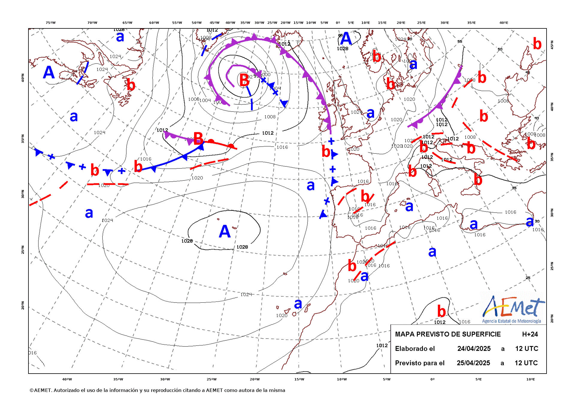 Mapa de isobaras previsto para el 25/04/2025, facilitado por la Aemet. EFE/Aemet - ***SOLO USO EDITORIAL/SOLO DISPONIBLE PARA ILUSTRAR LA NOTICIA QUE ACOMPAÑA (CRÉDITO OBLIGATORIO)***