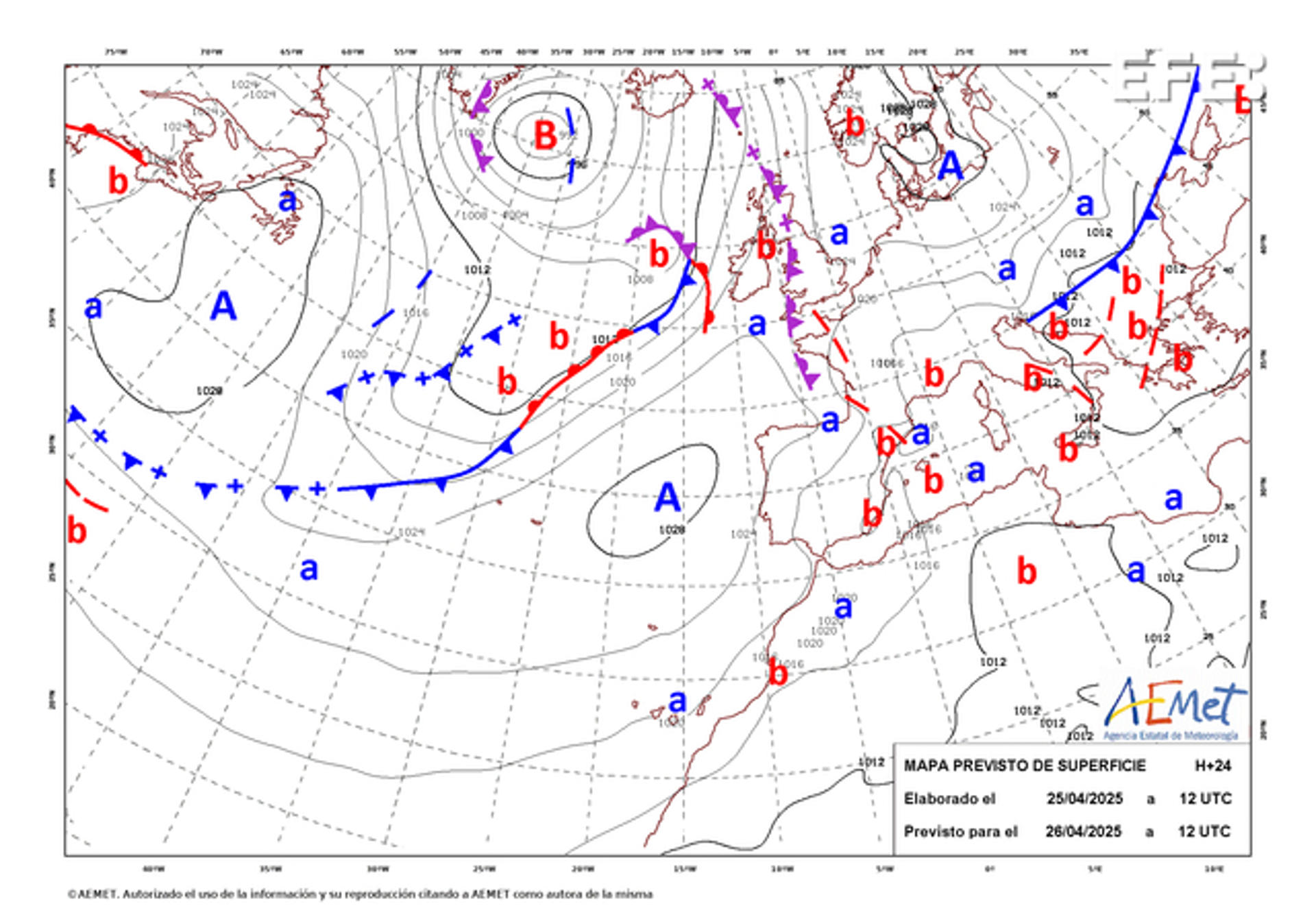Mapa de isobaras facilitado por la Aemet previsto para el 26/04/2025. EFE/Aemet - ***SOLO USO EDITORIAL/SOLO DISPONIBLE PARA ILUSTRAR LA NOTICIA QUE ACOMPAÑA (CRÉDITO OBLIGATORIO)***