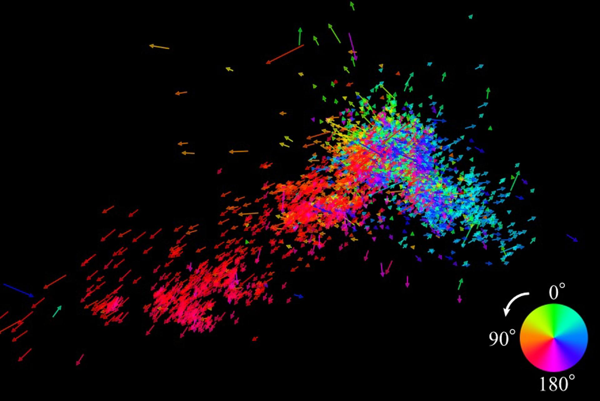 Velocidades de las masivas estrellas candidatas dentro de la Pequeña Nube de Magallanes mostradas como vectores. Fotografía facilitada por Satoya Nakano, de la Universidad de Nagoya. EFE