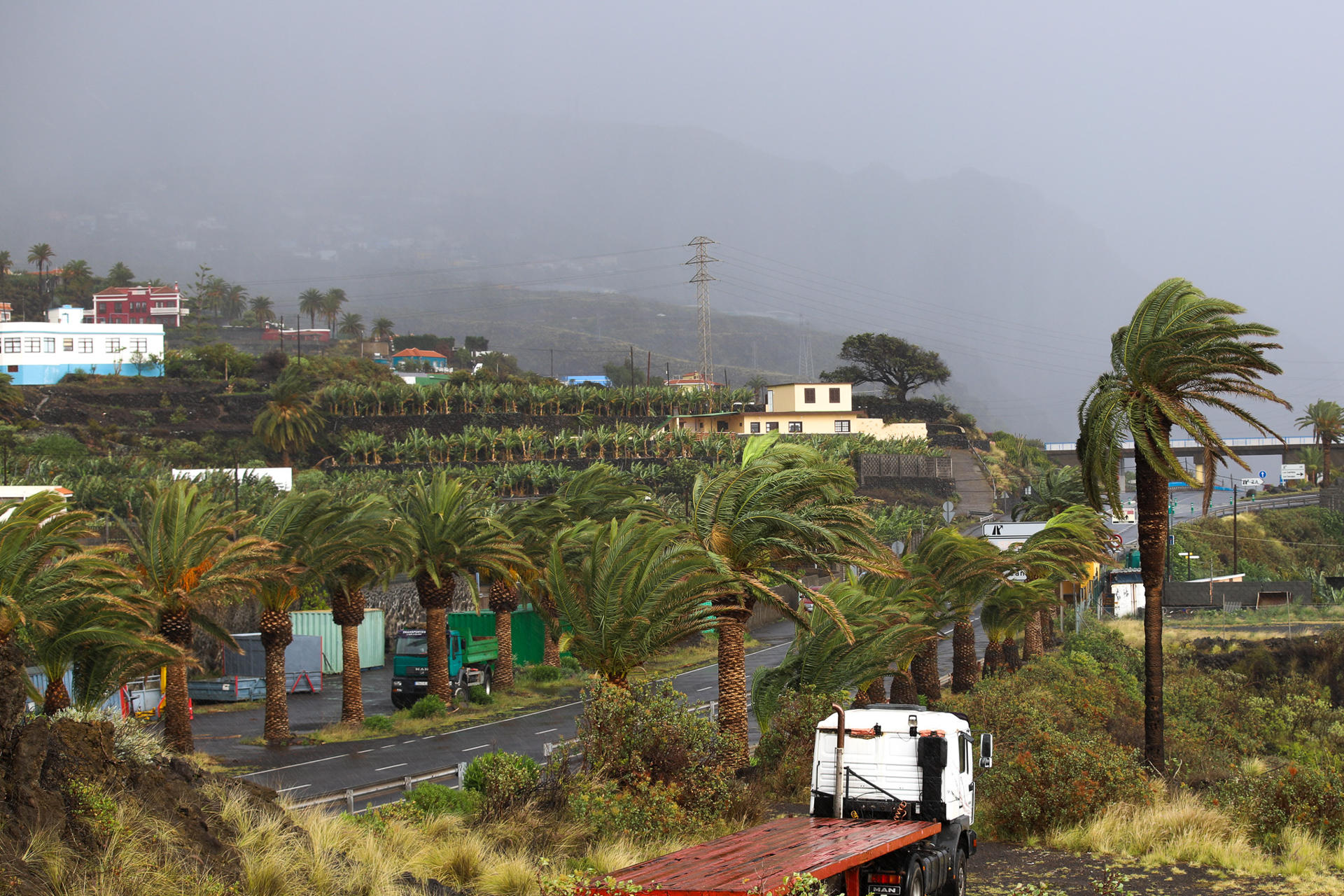 Canarias está bajo aviso con nivel rojo, riesgo extremo, por vientos de hasta 130 kilómetros por hora en el este de La Palma, además de fuertes lluvias y temporal marítimo en el archipiélago, a la que se suman otras siete comunidades en nivel amarillo (riesgo para ciertas actividades) por alguna o varias de dichas inclemencias. EFE/ Luis G Morera