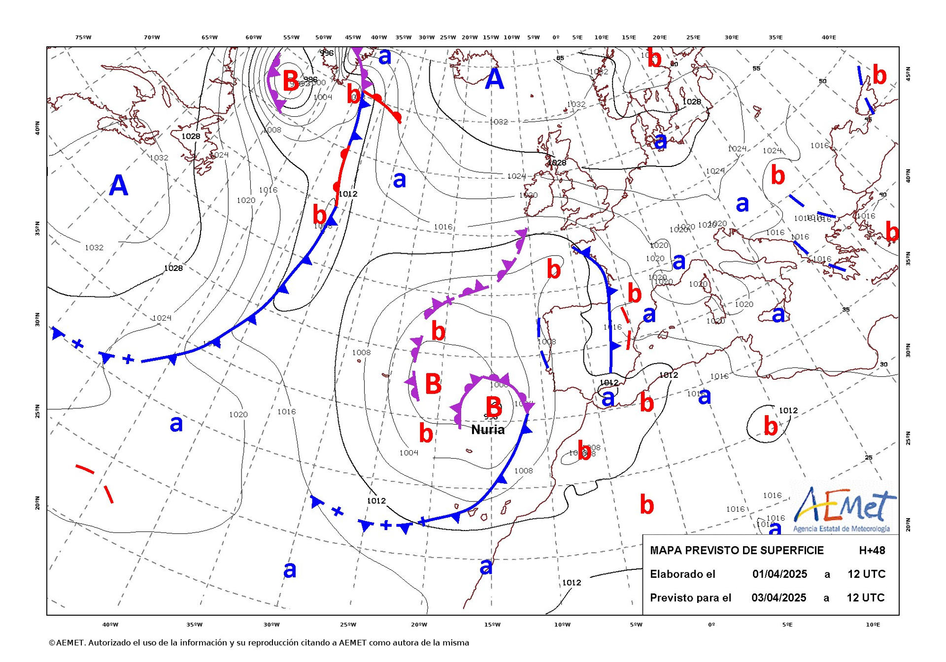 Mapa de isobaras facilitado por la Aemet elaborado el 01/04/2025 previsto para el 03/04/2025.- EFE ***SOLO USO EDITORIAL/SOLO DISPONIBLE PARA ILUSTRAR LA NOTICIA QUE ACOMPAÑA (CRÉDITO OBLIGATORIO)***