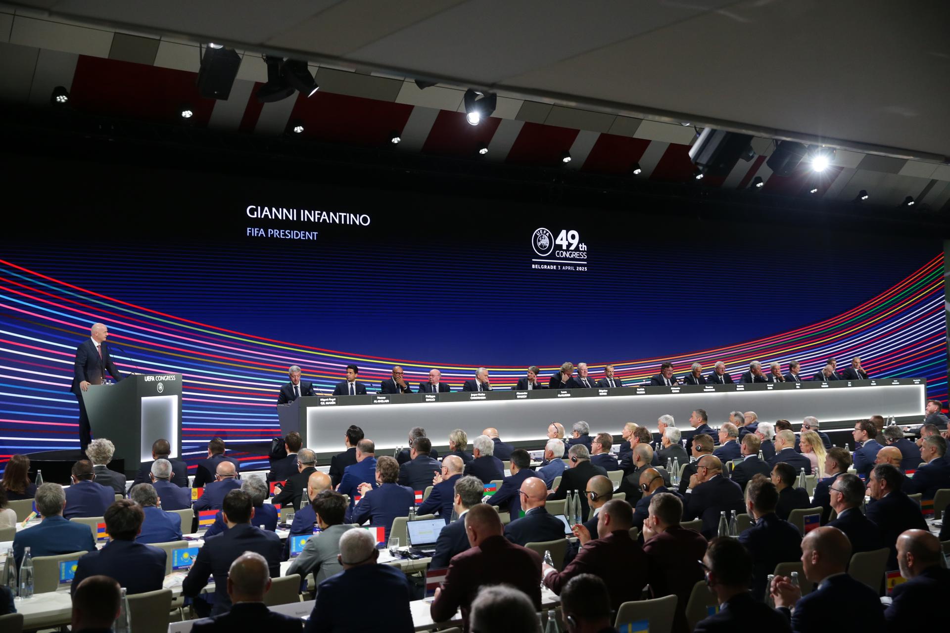 El presidente de la FIFA, Gianni Infantino , durante el Congreso de la UEFA este jueves.EFE/ANDREJ CUKIC