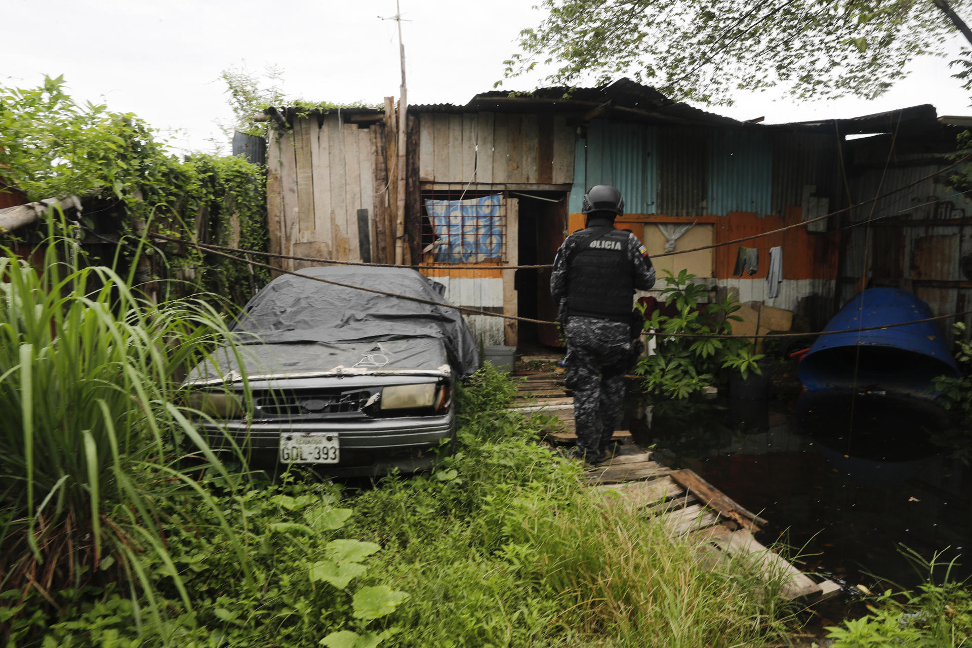 Una integrante de la Policía de Ecuador ingresa a una vivienda durante un operativo este viernes, en el área cooperativa Elsa Bucarán en Durán (Ecuador). EFE/ Carlos Durán Araújo