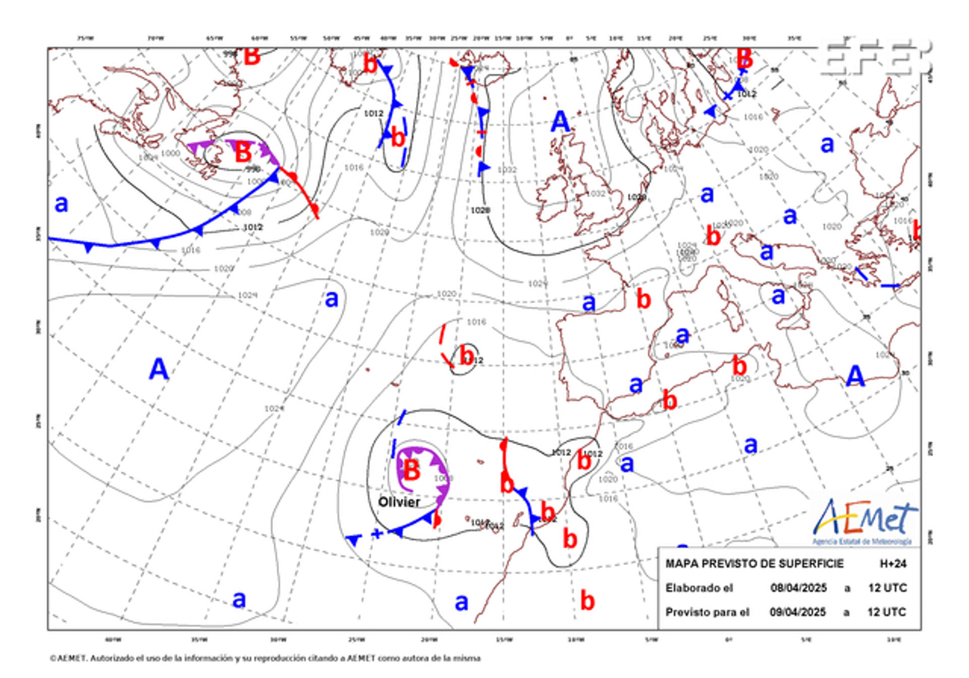 Mapa de isobaras facilitado por la Aemet elaborado el 08/04/2025 previsto para el 09/04/2025. EFE/ AEMET ***SOLO USO EDITORIAL/SOLO DISPONIBLE PARA ILUSTRAR LA NOTICIA QUE ACOMPAÑA (CRÉDITO OBLIGATORIO)***