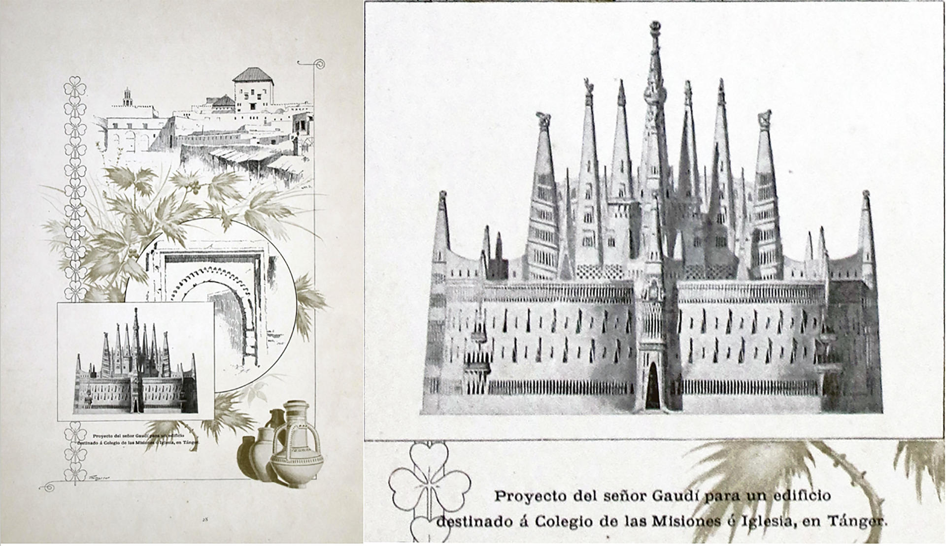 Detalle de un proyecto de Gaudí para un edificio destinado al Colegio de las Misiones e Iglesia en Tángre. Las leyendas han rodeado siempre al proyecto del edificio de las Misiones Católicas de África, el 'sueño' frustrado de Antoni Gaudí (1852-1926) en Tánger (Marruecos), antecesor de la Sagrada Familia de Barcelona. Una investigación revela que el coste económico tuvo la culpa. Los profesores de Historia del Arte y Sergio Ramírez, de la Universidad de Málaga, lo han podido confirmar después de trabajar durante meses en el Archivo Diocesano de Tánger, y este viernes expondrán algunas de sus conclusiones en una conferencia en el Instituto Cervantes de esa ciudad marroquí. EFE/José Manuel Giner
