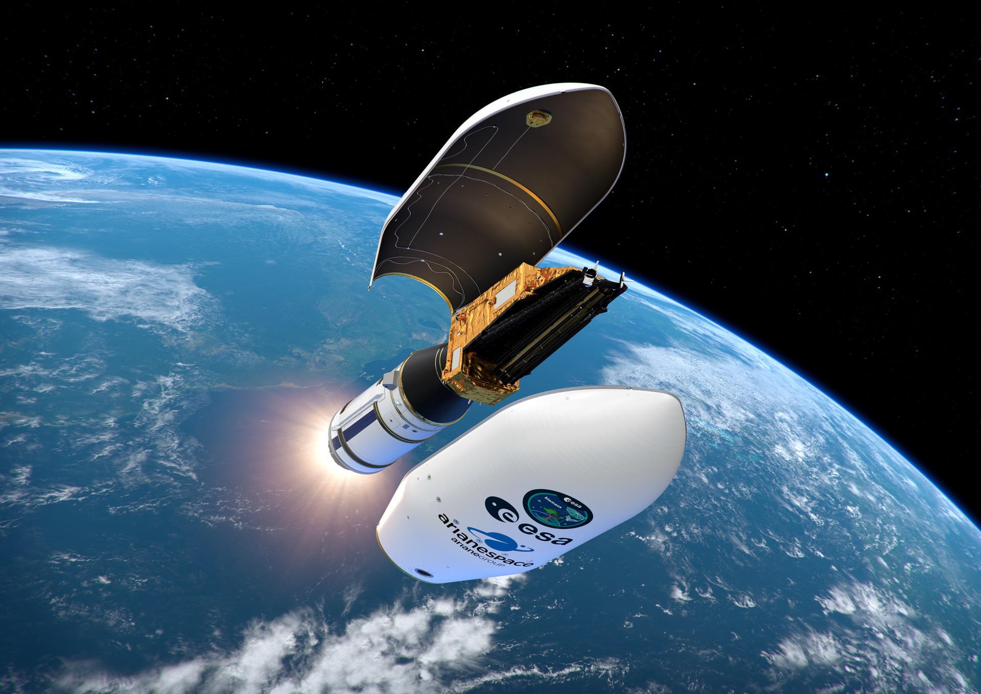 El satélite Biomass de la ESA se lanzará desde el Puerto Espacial Europeo en la Guayana Francesa a bordo de un cohete Vega-C. Crédito de la representación: ESA/ATG medialab.