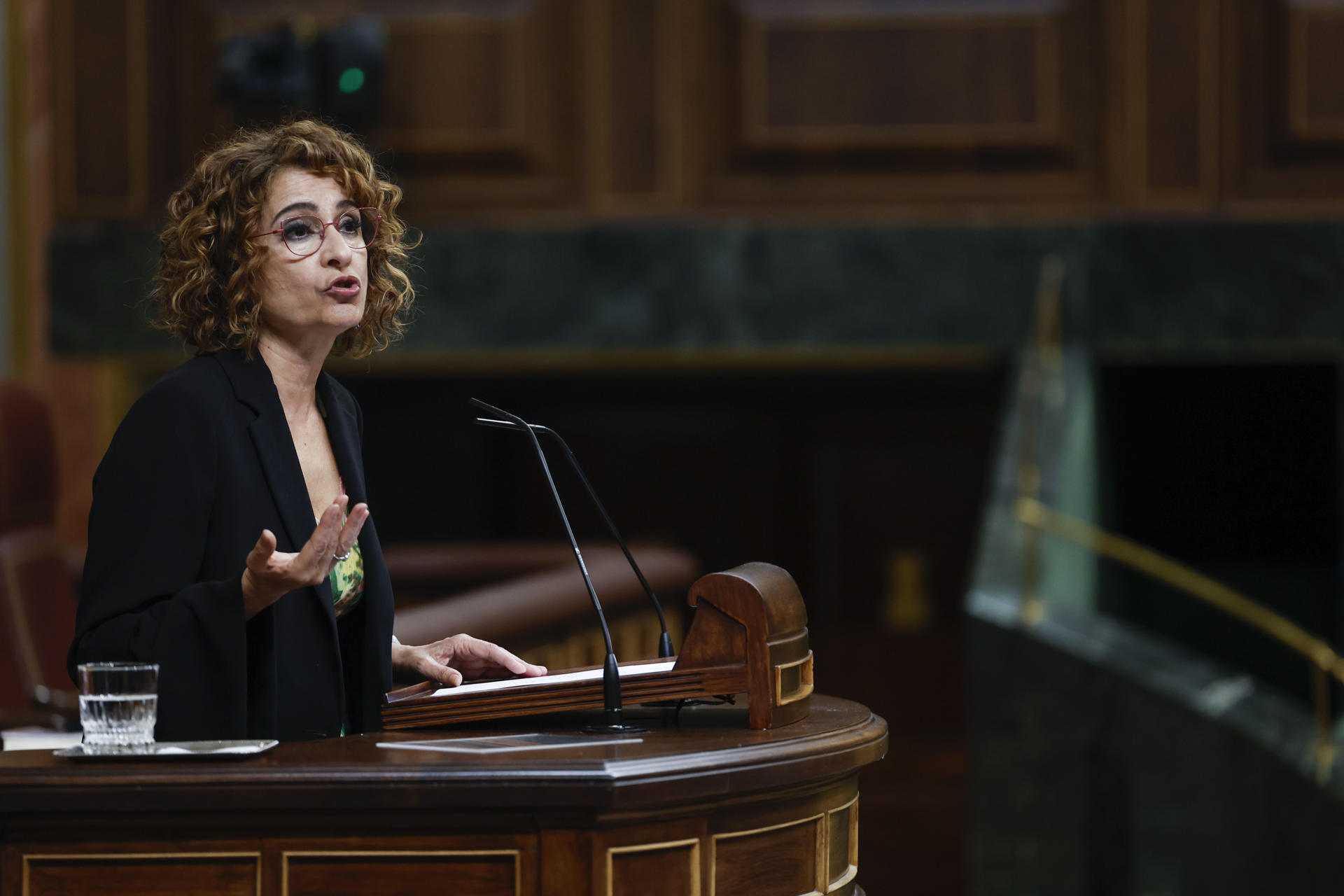 La vicepresidenta primera y ministra de Hacienda, María Jesús Montero, interviene durante el pleno del Congreso de los Diputados este miércoles. EFE/ Javier Lizón