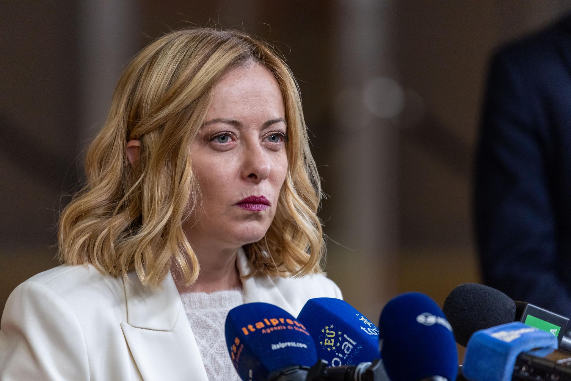 Imagen de archivo de la de la primera ministra italiana, Giorgia Meloni, en Bruselas. EFE/EPA/CHRISTOPHE PETIT TESSON