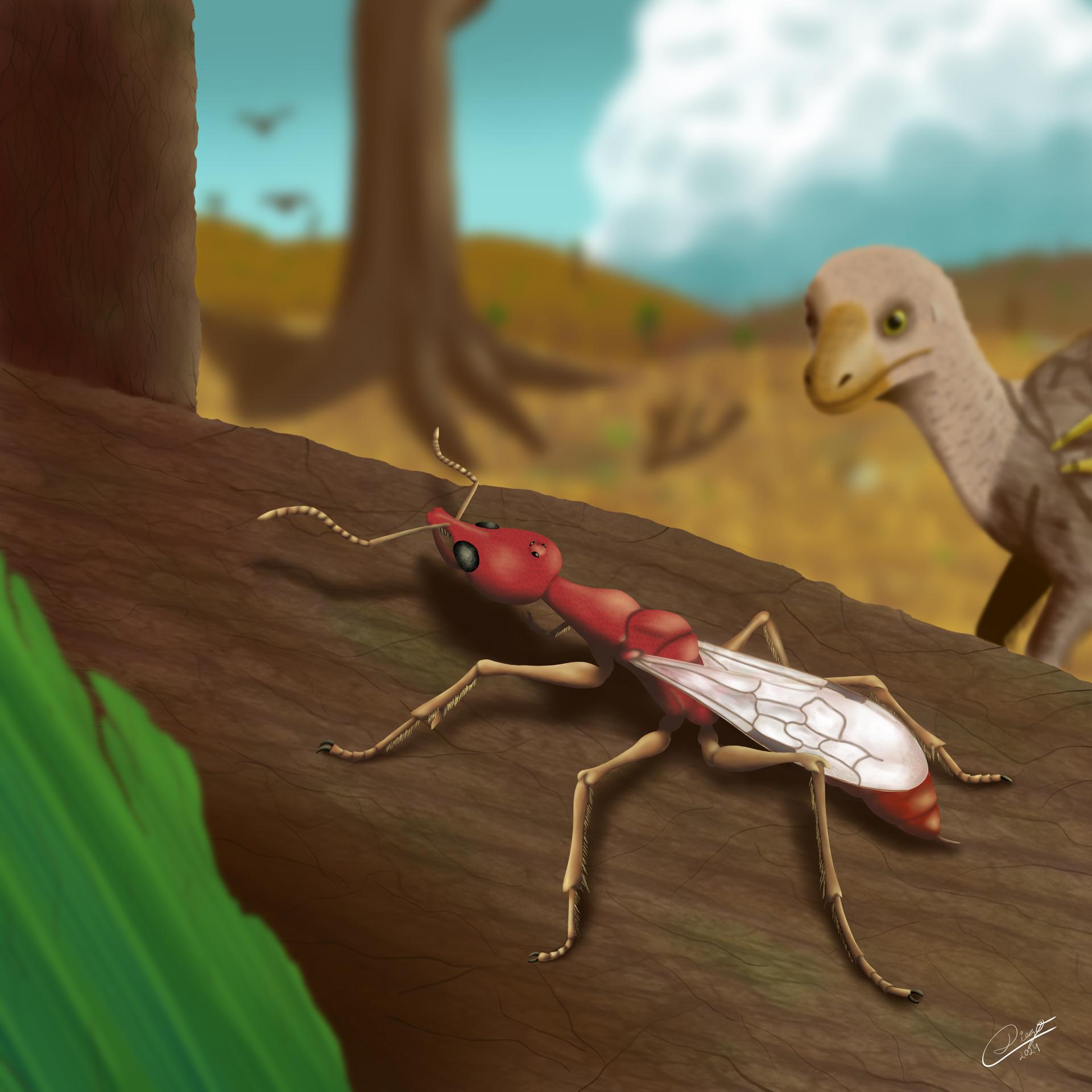 Reconstrucción paleoartística de la nueva especie, basada en el fósil y en una especie pariente cercana hallada en ámbar de Myanmar. Crédito: Diego M. Matielo