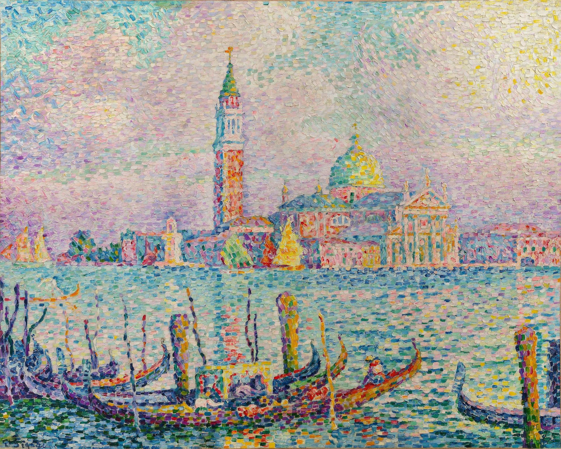 Fotografía cedida este miércoles, 9 de abril, por la casa de subastas Sotheby's de la obra 'San Jorge. Puesta de sol (Venecia)', del artista francés Paul Signac, considerada una de las más destacadas de la tendencia puntillista y que se subastará en mayo próximo en Nueva York. EFE/Sotheby's