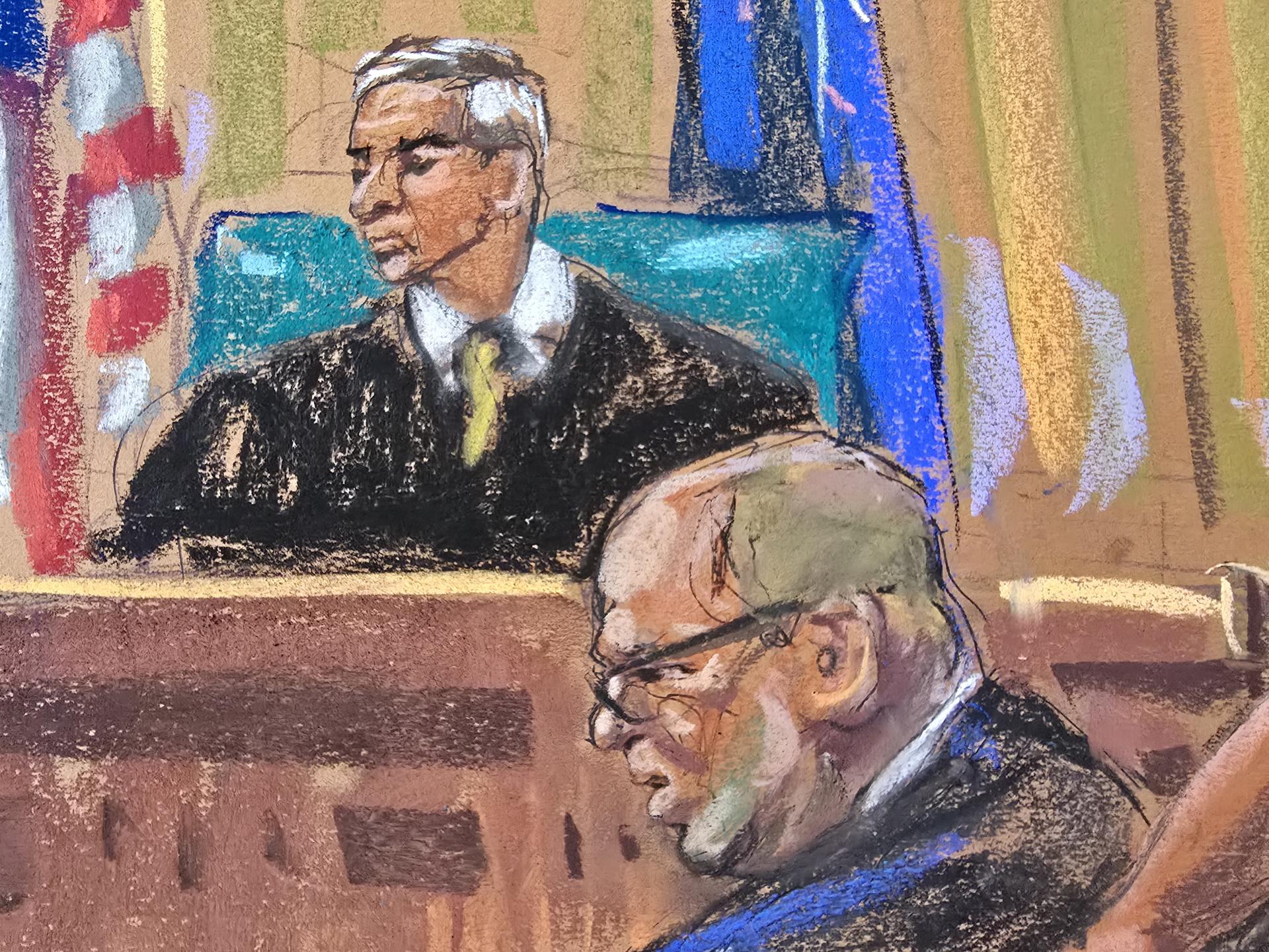 Fotografía de un dibujo realizado por la artista Jane Rosenberg donde aparece el acusado Harvey Weinstein este 23 de abril de 2025, durante las declaraciones de apertura del juicio contra el productor iniciado en un tribunal penal de Manhattan en Nueva York (Estados Unidos). EFE/Jane Rosenberg