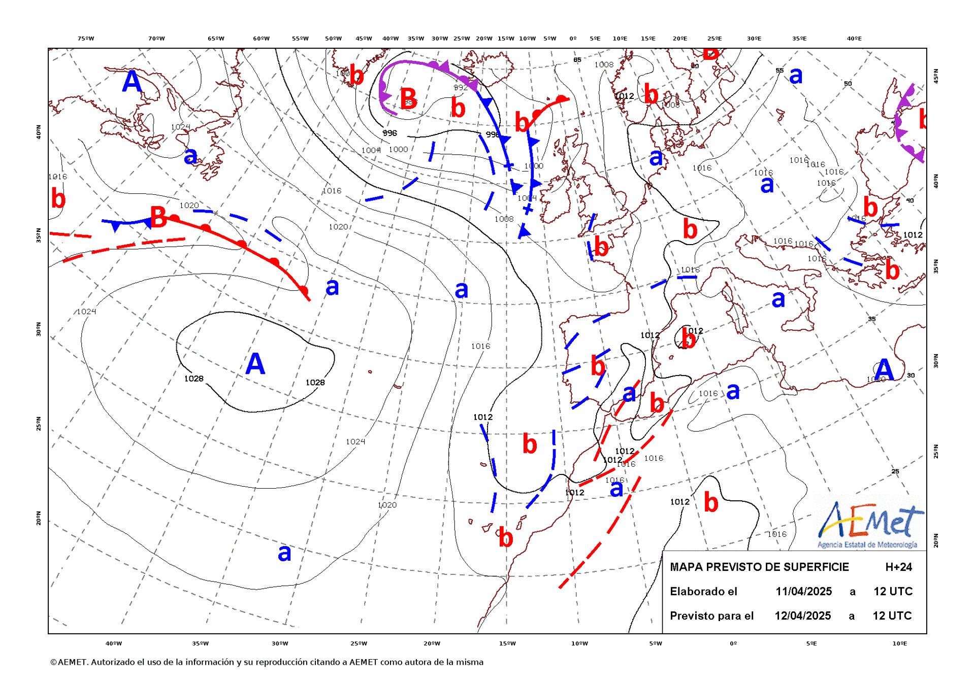 Mapa de isobaras facilitado por la Aemet elaborado previsto para el 12/04/2025. EFE/AEMET ***SOLO USO EDITORIAL/SOLO DISPONIBLE PARA ILUSTRAR LA NOTICIA QUE ACOMPAÑA (CRÉDITO OBLIGATORIO)***