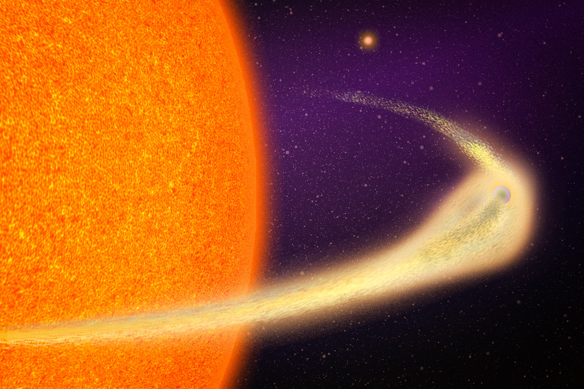 Un equipo de astrónomos del Instituto de Tecnología de Massachusetts (MIT) ha descubierto un pequeño planeta de lava, a unos 140 años de luz de la Tierra, que se está desintegrando rápidamente produciendo una enorme cola de 9 millones de kilómetros, similar a la de un cometa. Crédito José Luis Olivares, MIT