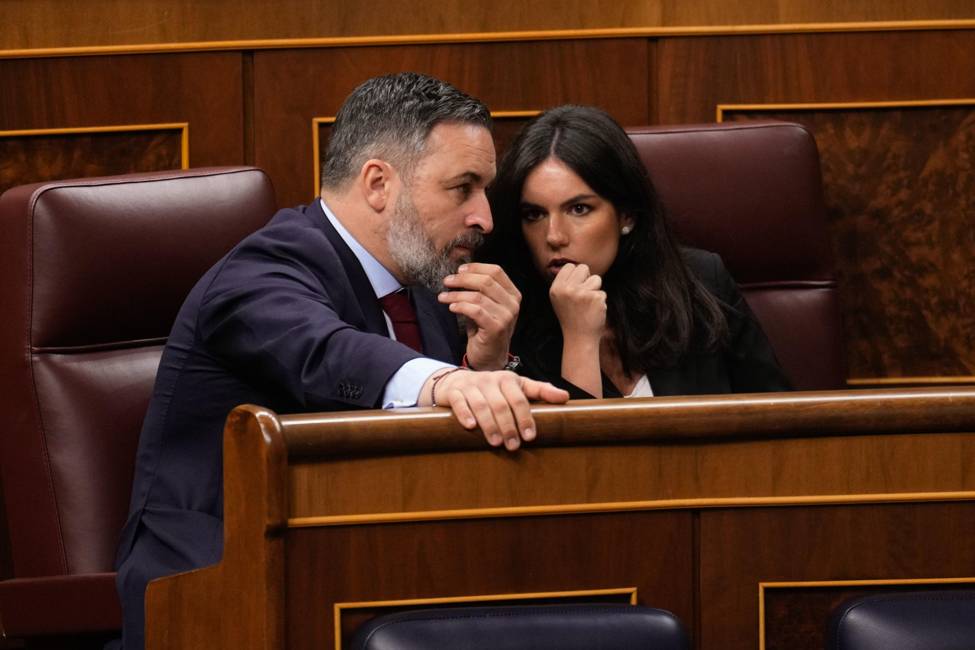 MADRID, 11/02/2025.- El líder de Vox, Santiago Abascal, y la diputada del mismo partido Pepa Millán (d) en una imagen de archivo en el pleno del Congreso de los Diputados. EFE/ Borja Sánchez-trillo