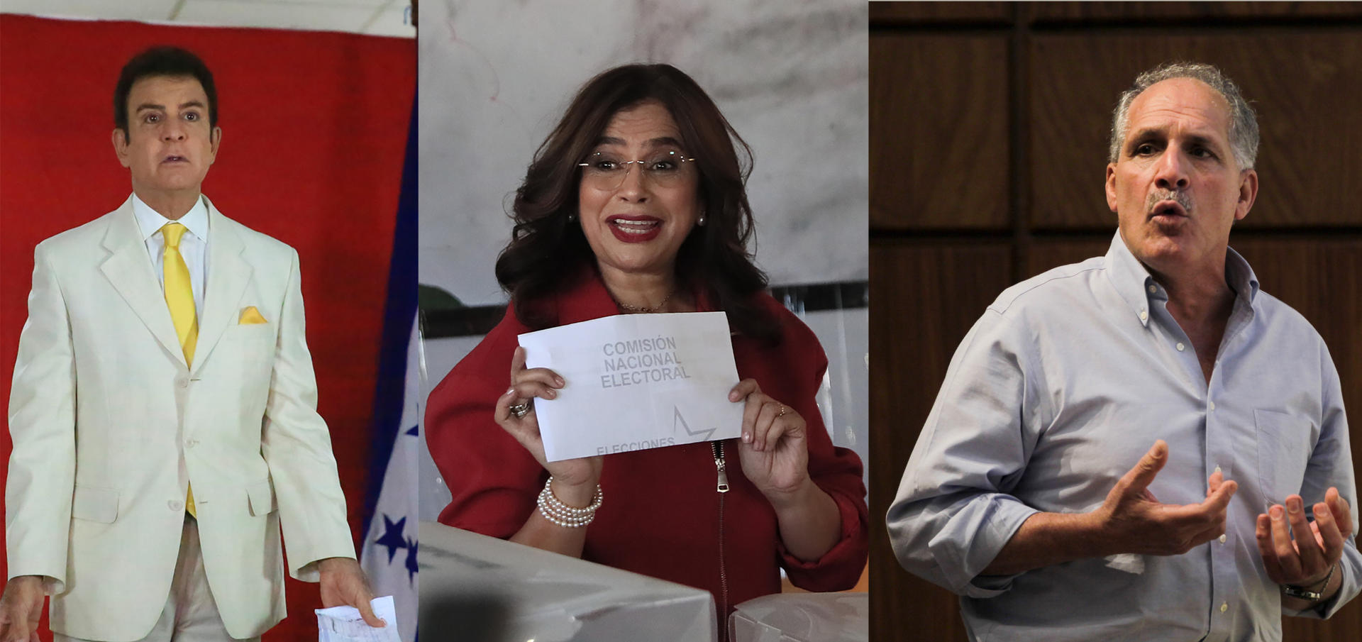 Combo de fotografías de archivo que muestra de izquierda a derecha, al exvicepresidente Salvador Nasralla, la ministra de Defensa Rixi Moncada y el exalcalde de Tegucigalpa, Nasry Asfura. EFE