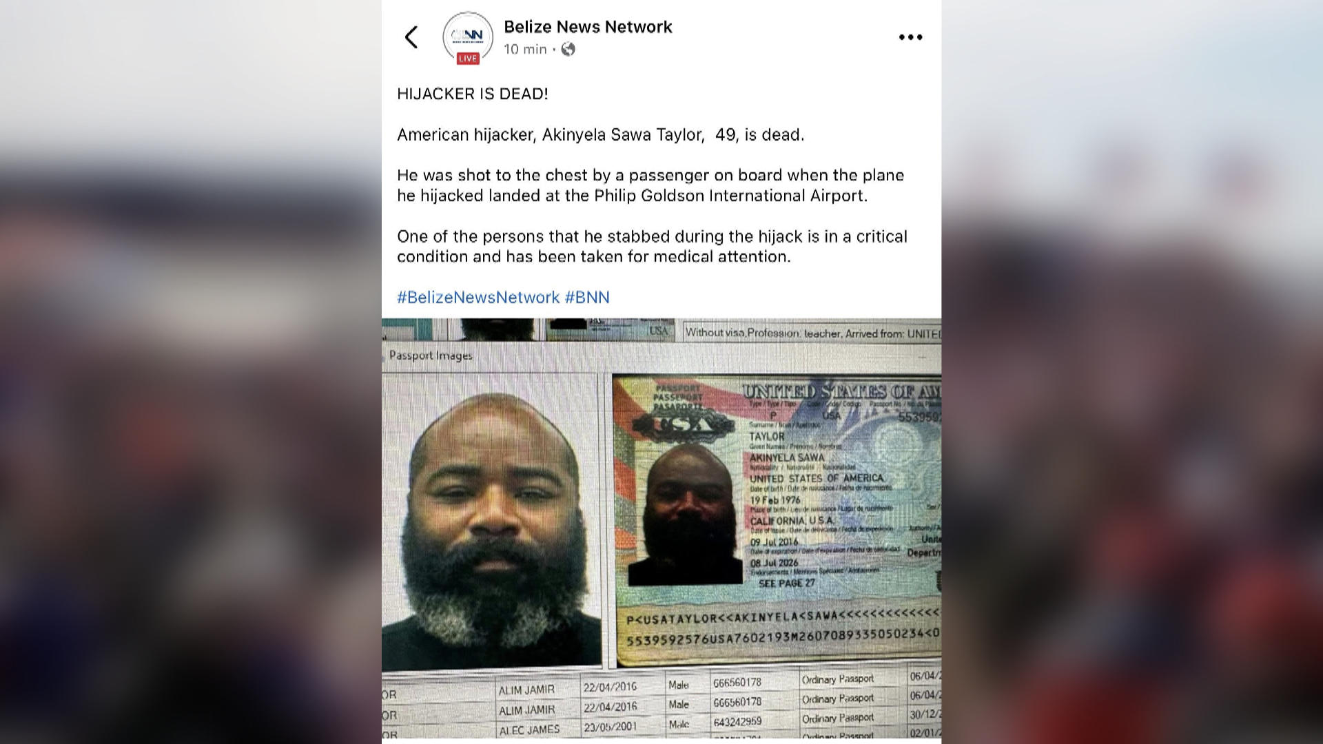 Captura de video, facilitada el pasado 17 de abril por Rastreo de Redes, que muestra la identificación del secuestrador de una avioneta ese día en Belmopán (Belice). EFE/Rastreo de Redes