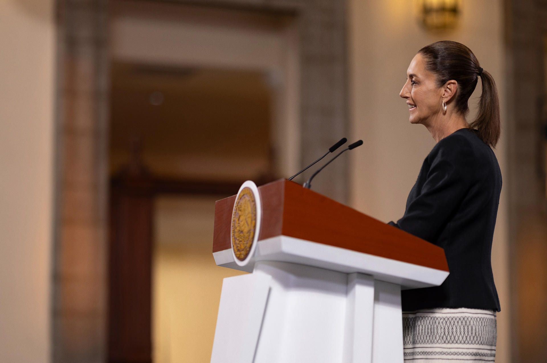 Fotografía cedida este viernes por la presidencia de México de la mandataria mexicana, Claudia Sheinbaum, hablando en una rueda de prensa en Palacio Nacional de la Ciudad de México (México). EFE/ Presidencia de México /SOLO USO EDITORIAL/NO VENTAS/SOLO DISPONIBLE PARA ILUSTRAR LA NOTICIA QUE ACOMPAÑA (CRÉDITO OBLIGATORIO)