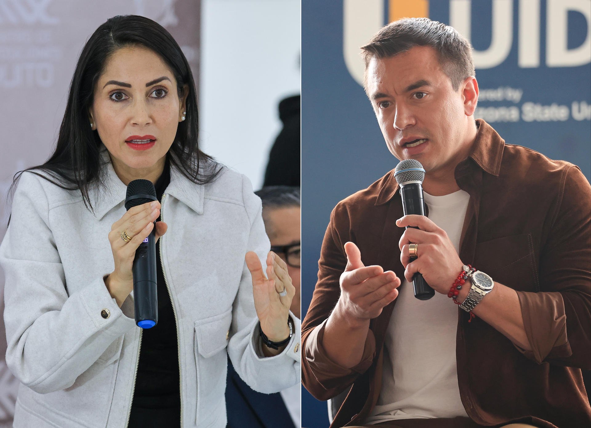 Combo de fotografías de archivo de la candidata del correísmo a la Presidencia de Ecuador, Luisa González (i), y el presidente de Ecuador y candidato a la reelección, Daniel Noboa. EFE/ José Jacome