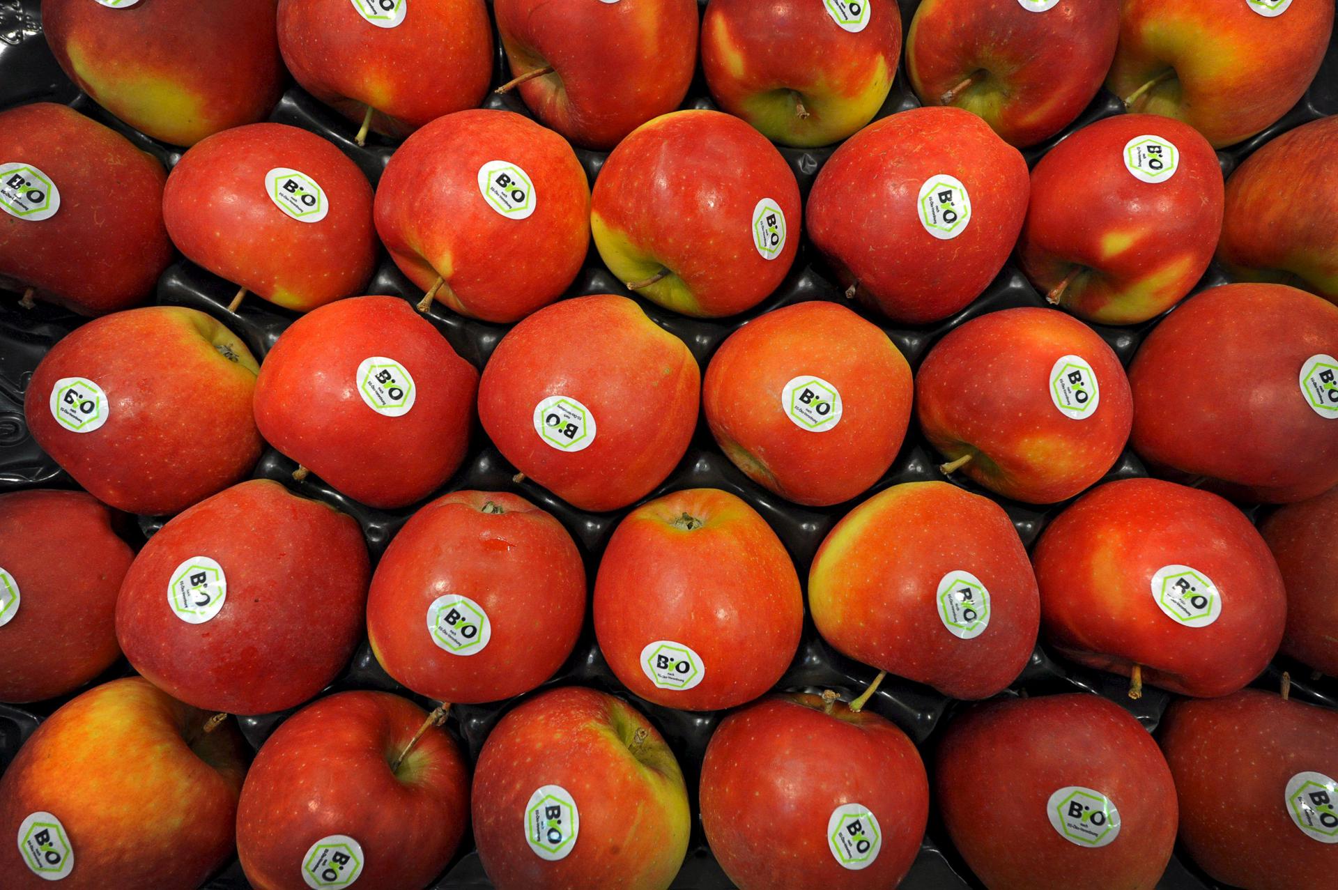 Manzanas con la etiqueta "Bio" se exhiben en una feria, en una imagen de archivo. EFE/David Ebener