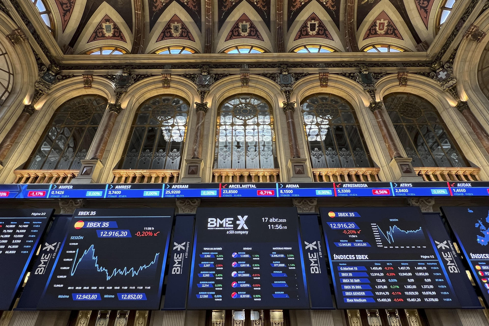 La Bolsa española cierra este jueves con pérdidas del 0,19 %, aunque conserva los 12.900 puntos, hasta situarse en los 12.918 enteros. EFE/ Altea Tejido