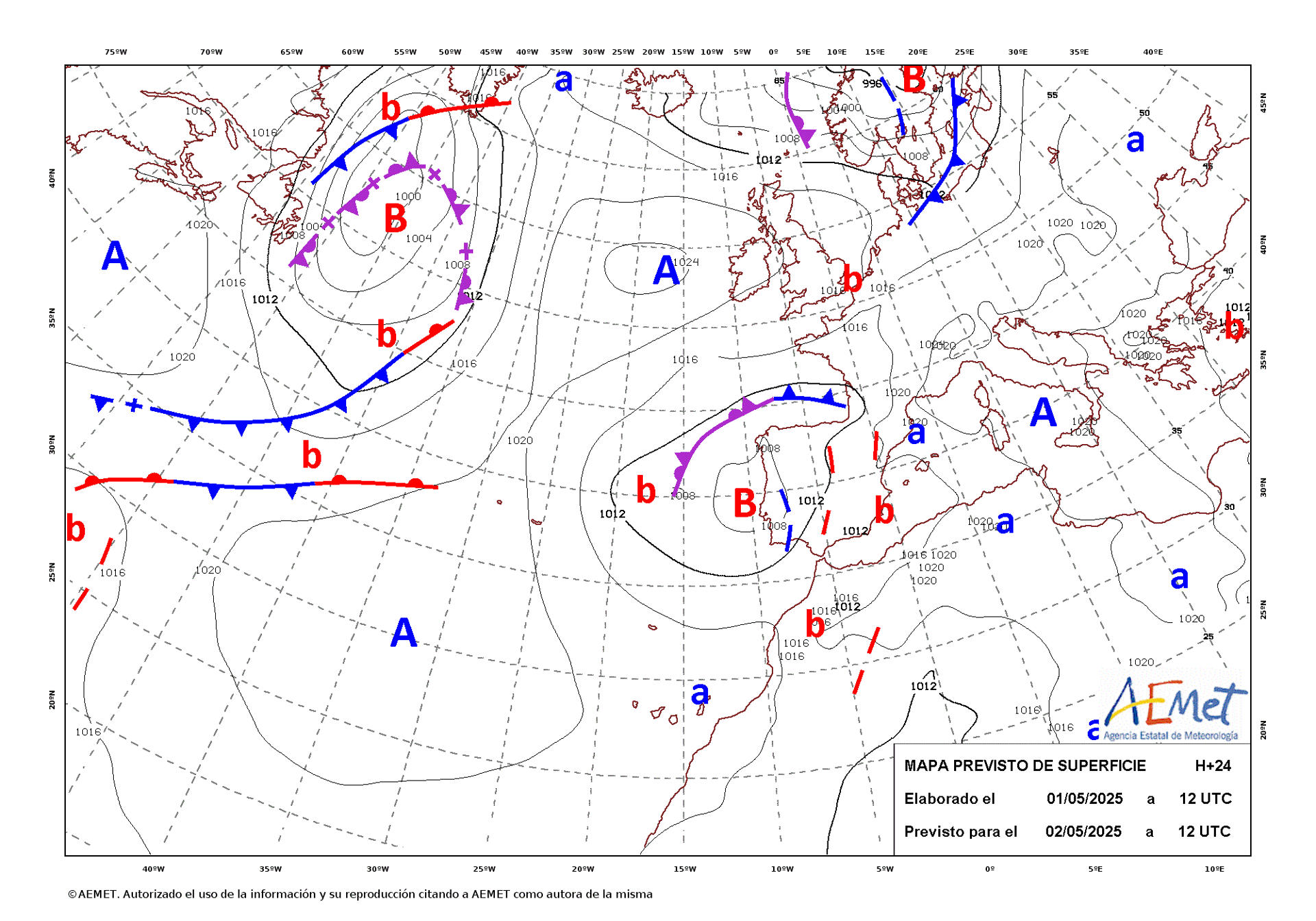 Mapa de isobaras facilitado por la Aemet previsto para el 02/05/2025. EFE/Aemet - ***SOLO USO EDITORIAL/SOLO DISPONIBLE PARA ILUSTRAR LA NOTICIA QUE ACOMPAÑA (CRÉDITO OBLIGATORIO)***