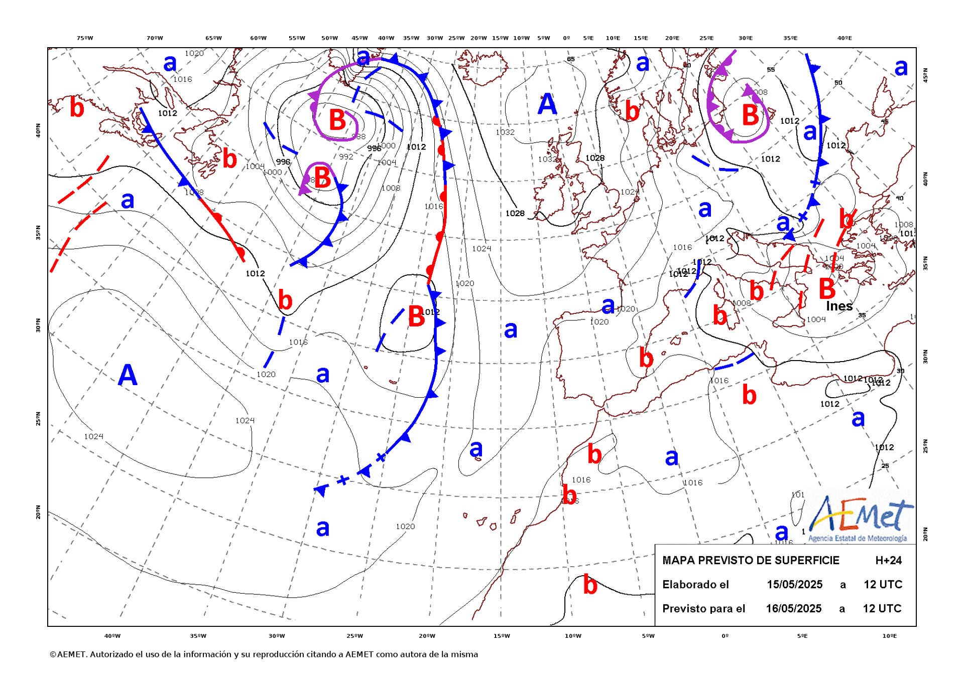 Mapa de isobaras facilitado por la Aemet, elaborado el 15/05/2025 y previsto para el 16/05/2025. EFE/Aemet SOLO USO EDITORIAL/SOLO DISPONIBLE PARA ILUSTRAR LA NOTICIA QUE ACOMPAÑA (CRÉDITO OBLIGATORIO)