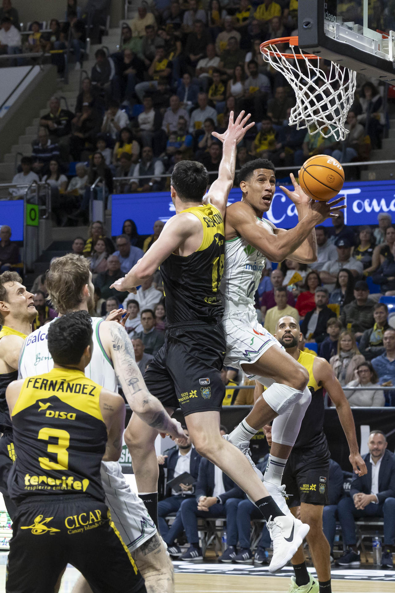El ala-pivot del Unicaja Málaga Tyson Pérez (d) y el pívot de La Laguna Tenerife Shermadini (i) durante el partido de la jornada 31 de la Liga Endesa que enfrentó a ambos equipos este jueves en el pabellón Santiago Martín en La Laguna (Tenerife). EFE/ Miguel Barreto