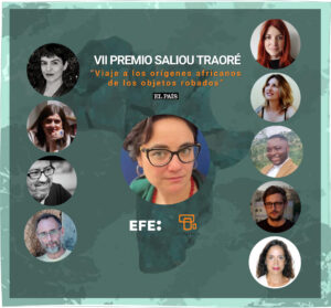 El equipo de Planeta Futuro del diario El País ha sido el ganador del VII Premio Saliou Traoré de Periodismo en español sobre África por su trabajo 'Viaje a los orígenes africanos de los objetos robados' publicado el 1 de marzo de 2024.En la imagen, los componentes del equipo de Planeta Futuro del diario El País; de izda a dcha y de  arriba a abajo: Raquel Seco (redacción), Beatriz Lecumberri (edición), Chema Caballero (redacción), José Naranjo (redacción). Columna derecha de arriba a abajo: Alejandra Agudo (redacción), Lola Hierro (redacción), Nalova Akua (redacción), Marc Español (redacción), Patricia Rodríguez (edición), Central: Ana Carbajosa (dirección). EFE/
