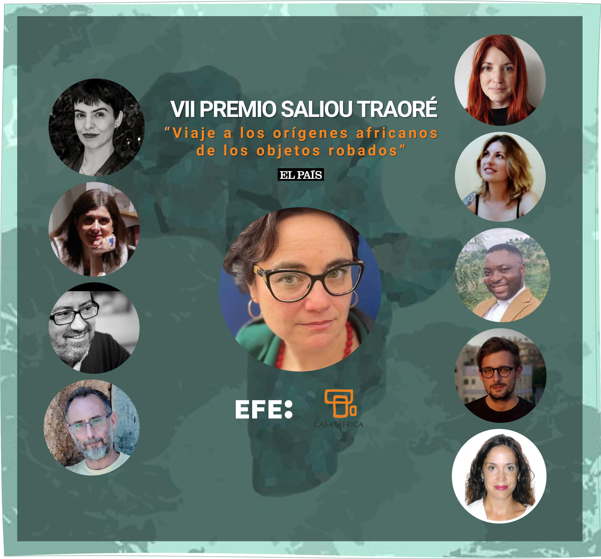 El equipo de Planeta Futuro del diario El País ha sido el ganador del VII Premio Saliou Traoré de Periodismo en español sobre África por su trabajo 'Viaje a los orígenes africanos de los objetos robados' publicado el 1 de marzo de 2024.En la imagen, los componentes del equipo de Planeta Futuro del diario El País; de izda a dcha y de  arriba a abajo: Raquel Seco (redacción), Beatriz Lecumberri (edición), Chema Caballero (redacción), José Naranjo (redacción). Columna derecha de arriba a abajo: Alejandra Agudo (redacción), Lola Hierro (redacción), Nalova Akua (redacción), Marc Español (redacción), Patricia Rodríguez (edición), Central: Ana Carbajosa (dirección). EFE/