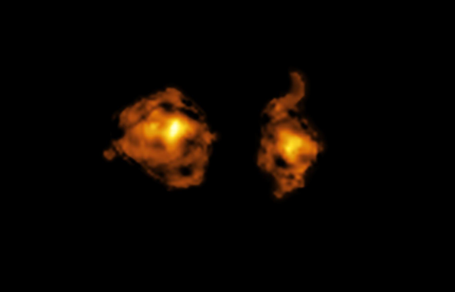 Imagen, tomada con el telescopio ALMA que muestra el contenido de gas molecular de dos galaxias involucradas en una colisión cósmica.EFE/ Crédito: ALMA (ESO/NAOJ/NRAO)/S. Balashev y P. Noterdaeme et al.