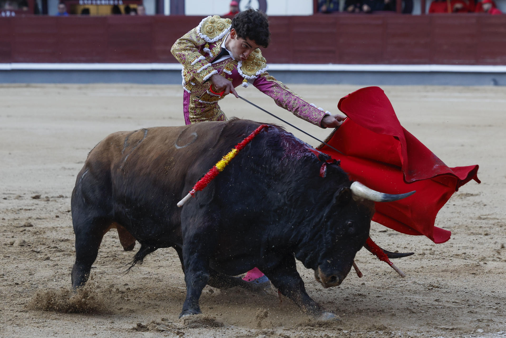 El diestro Victor Hernández en su faena durante la corrida celebrada hoy sábado en la plaza de toros de Las Ventas, en Madrid, incluida en la Feria de San Isidro. EFE / JJ Guillen.