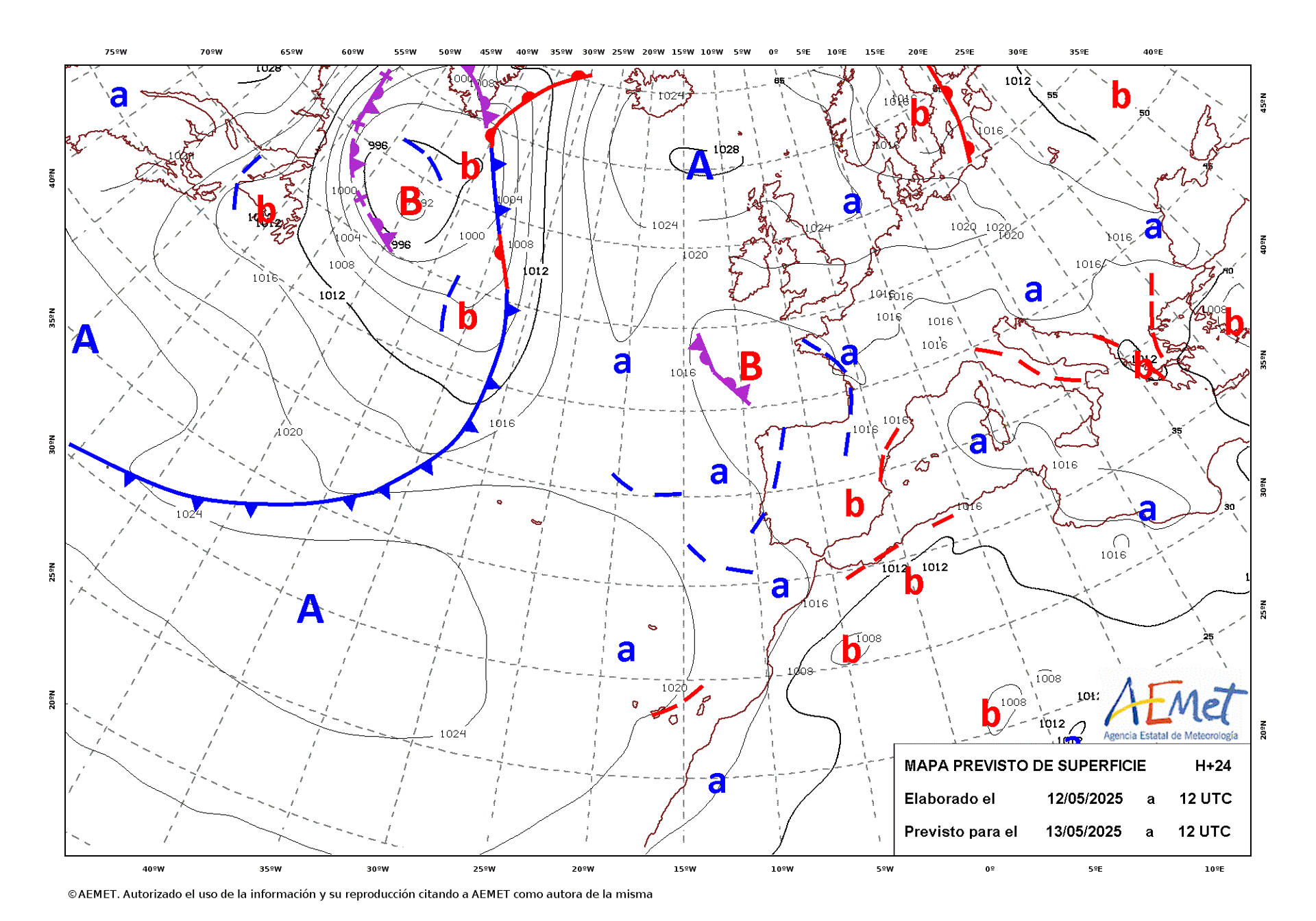 Mapa de isobaras facilitado por la Aemet, elaborado el 12/05/2025 y previsto para el 13/05/2025. EFE/Aemet SOLO USO EDITORIAL/SOLO DISPONIBLE PARA ILUSTRAR LA NOTICIA QUE ACOMPAÑA (CRÉDITO OBLIGATORIO)