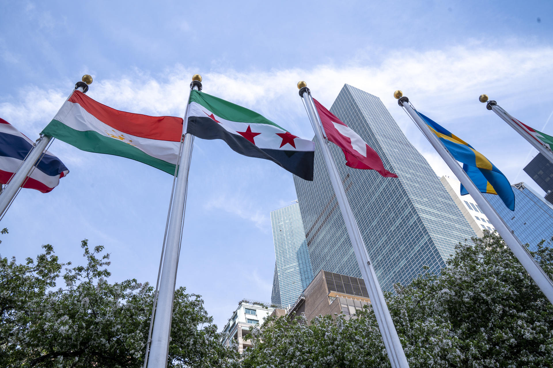 Fotografía de banderas izadas ante la sede de las Naciones Unidas en Nueva York (Estados Unidos). EFE/ Angel Colmenares