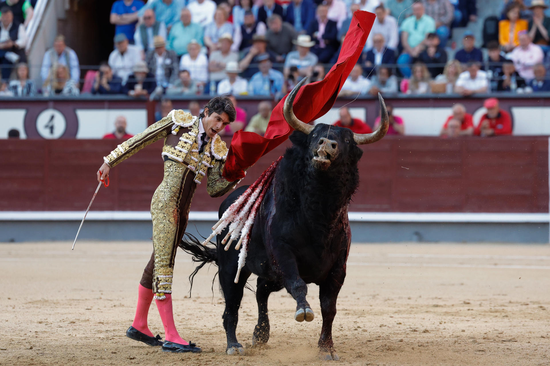 El diestro francés Sebastián Castella lidia un toro durante la corrida de la Feria de San Isidro celebrada este jueves, en la plaza de toros de Las Ventas, en Madrid. EFE/Zipi