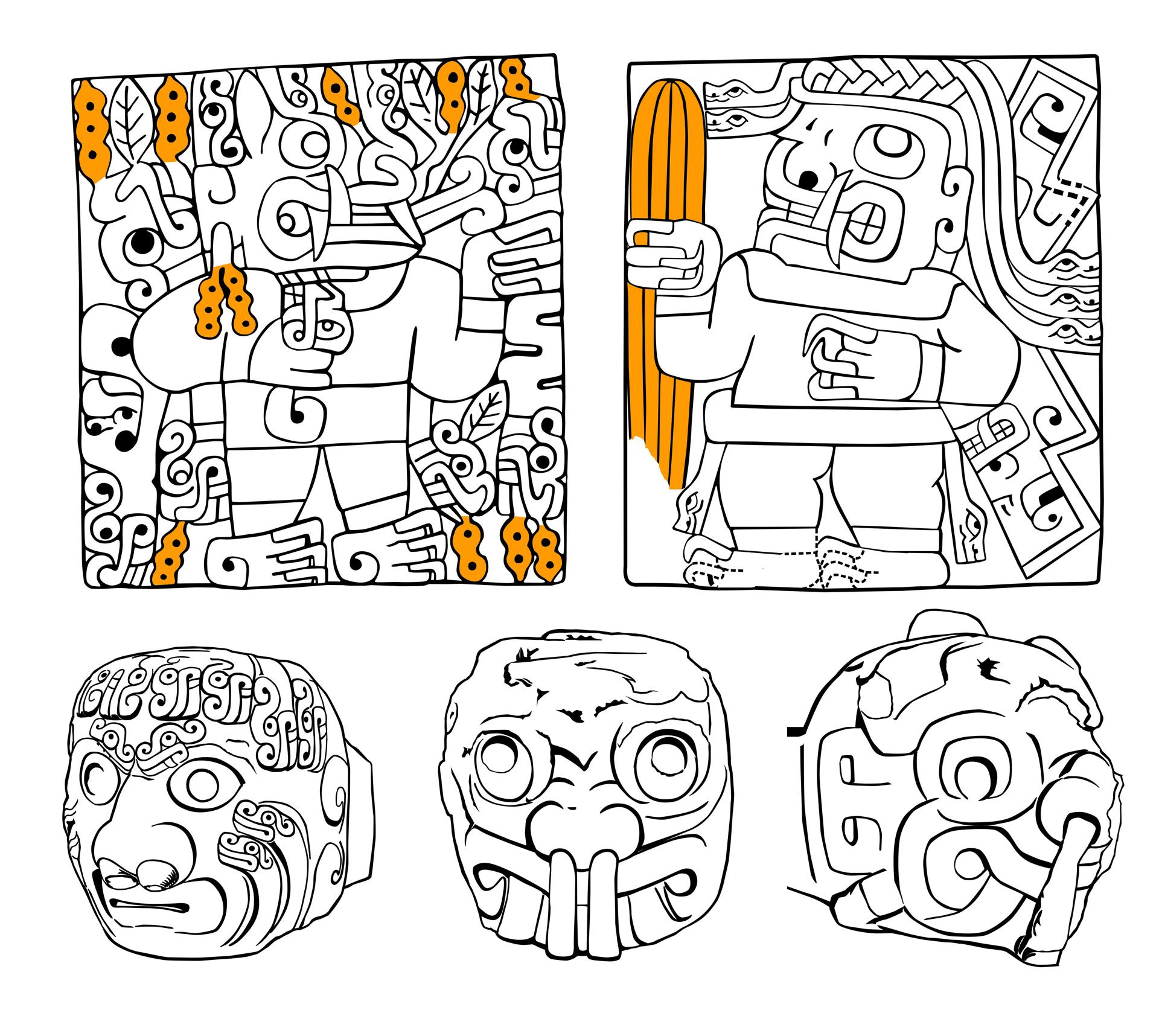 Plantas alucinógenas representadas en el arte lítico de Chavín, Perú, incluyendo la vilca (arriba a la izquierda), el cactus de San Pedro (arriba a la derecha), y los efectos característicos de la ingestión, el rictus y el flujo mucal (fila inferior).EFE/Crédito: Miguel G. Ortiz Mestanza