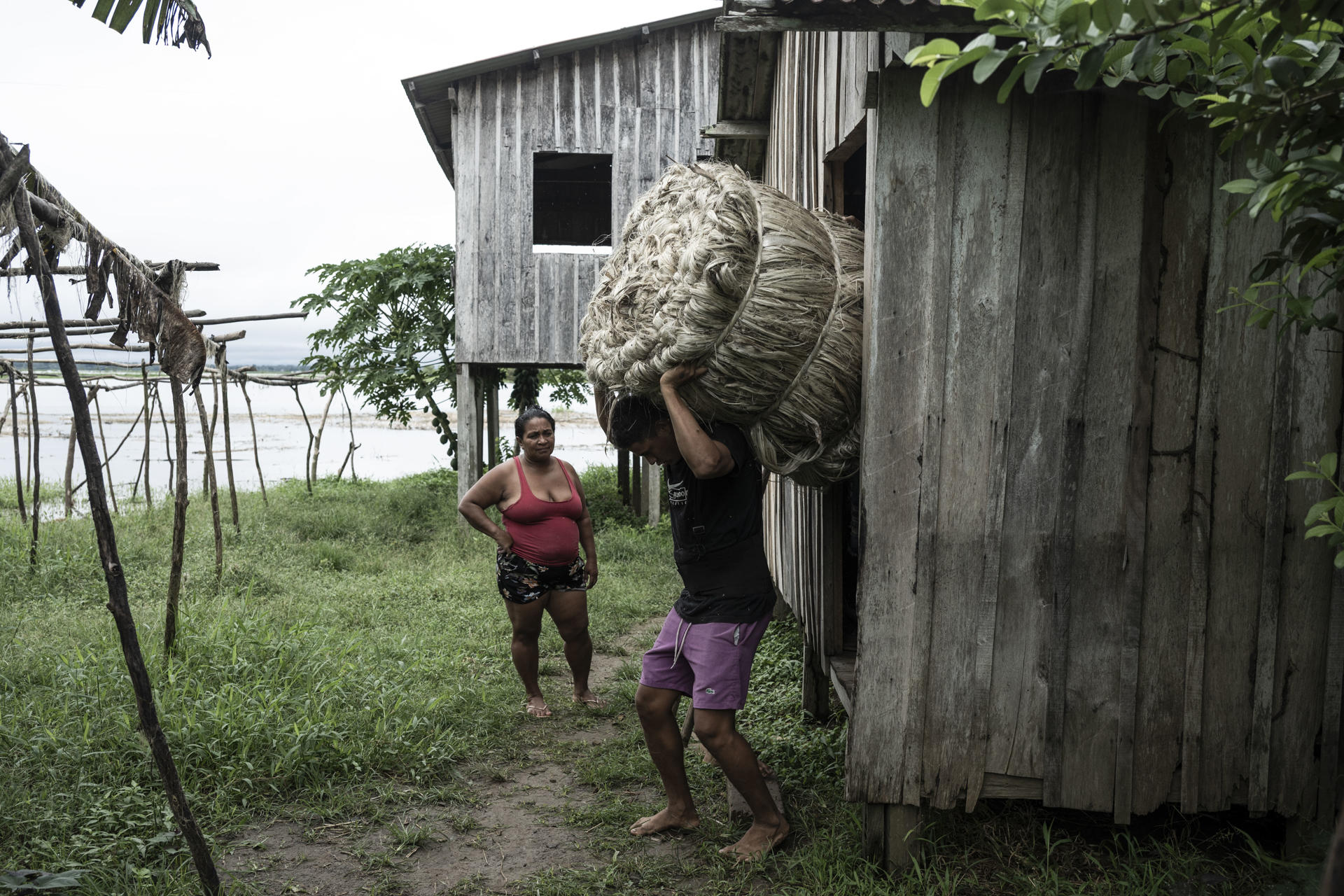 Un agricultor carga fardos de fibra de malva este domingo, en la comunidad de Boca do Supiá, en la ciudad de Manacapuru (Brasil). EFE/ Raphael Alves
