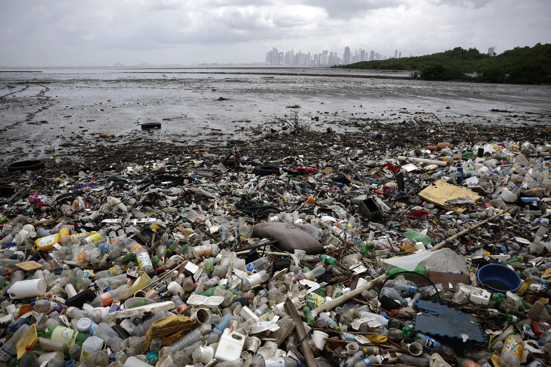 Fotografía de escombros y plásticos en una bahía este viernes, en Ciudad de Panamá (Panamá). EFE/Bienvenido Velasco