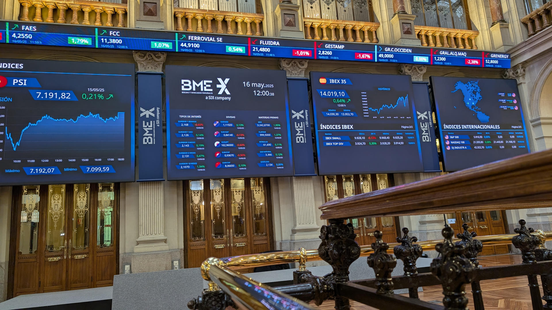 Imagen de este viernes de la Bolsa de Madrid, que cierra en verde, con ganancias del 0,96 % y superando el umbral de los 14.000 puntos, hasta situarse en los 14.064,5 enteros, lo que no conseguía desde 2008. EFE/ Vega Alonso
