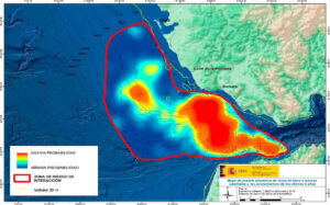 Mapa de zona de riesgo por interacciones con orcas en la costa entre Cádiz y Tarifa. Las interacciones entre embarcaciones y orcas se redujeron un 40 % en el verano de 2024 con respecto a 2023 en la zona comprendida entre el golfo de Cádiz y el Estrecho de Gibraltar, según los reportes recibidos en los centros de coordinación de Salvamento Marítimo. EFE/Delegación Gobierno de Andalucía /  ***SOLO USO EDITORIAL/SOLO DISPONIBLE PARA ILUSTRAR LA NOTICIA QUE ACOMPAÑA (CRÉDITO OBLIGATORIO)***
